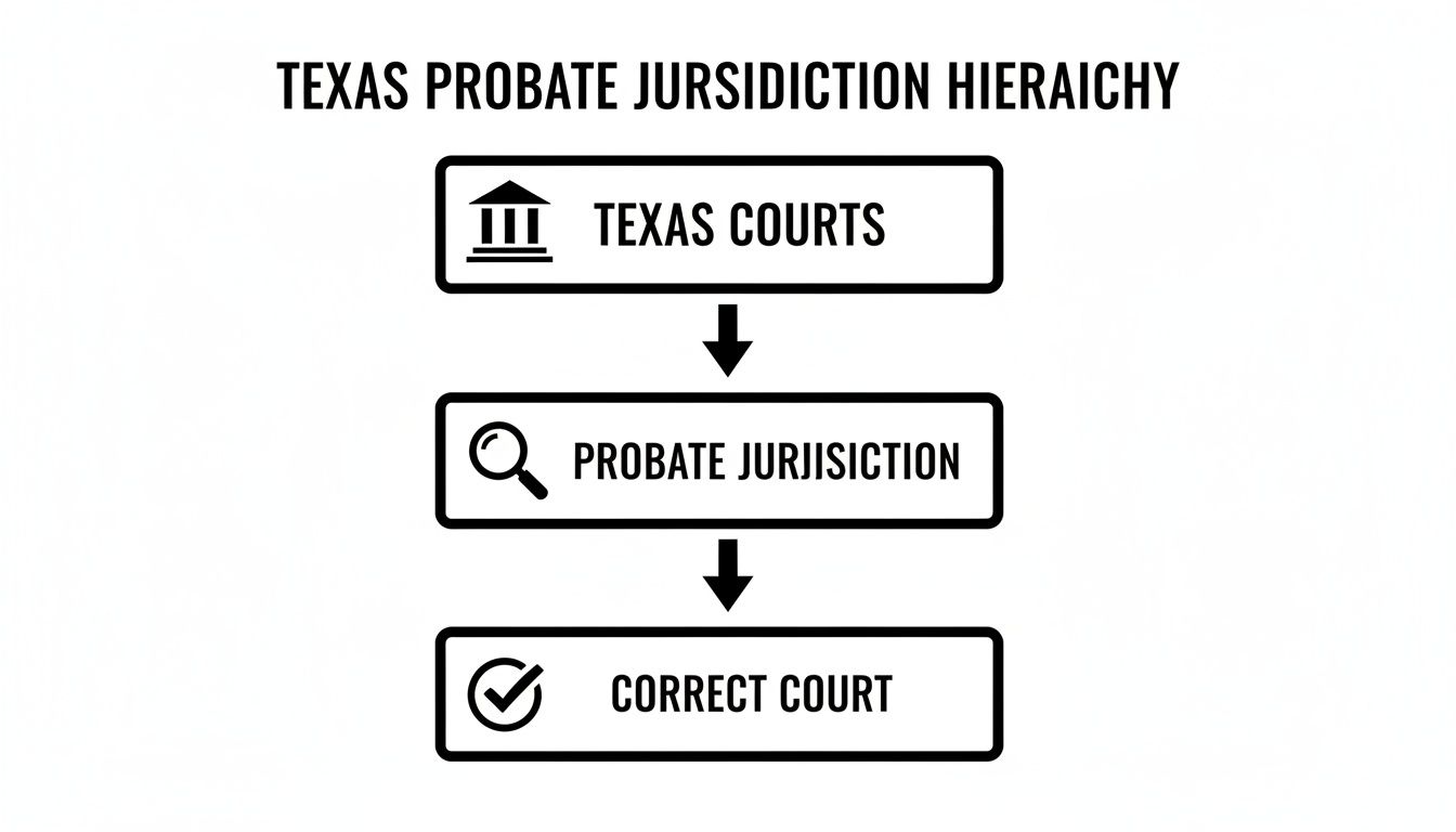 A flowchart illustrating the Texas probate court jurisdiction hierarchy, from Texas Courts to the correct court.