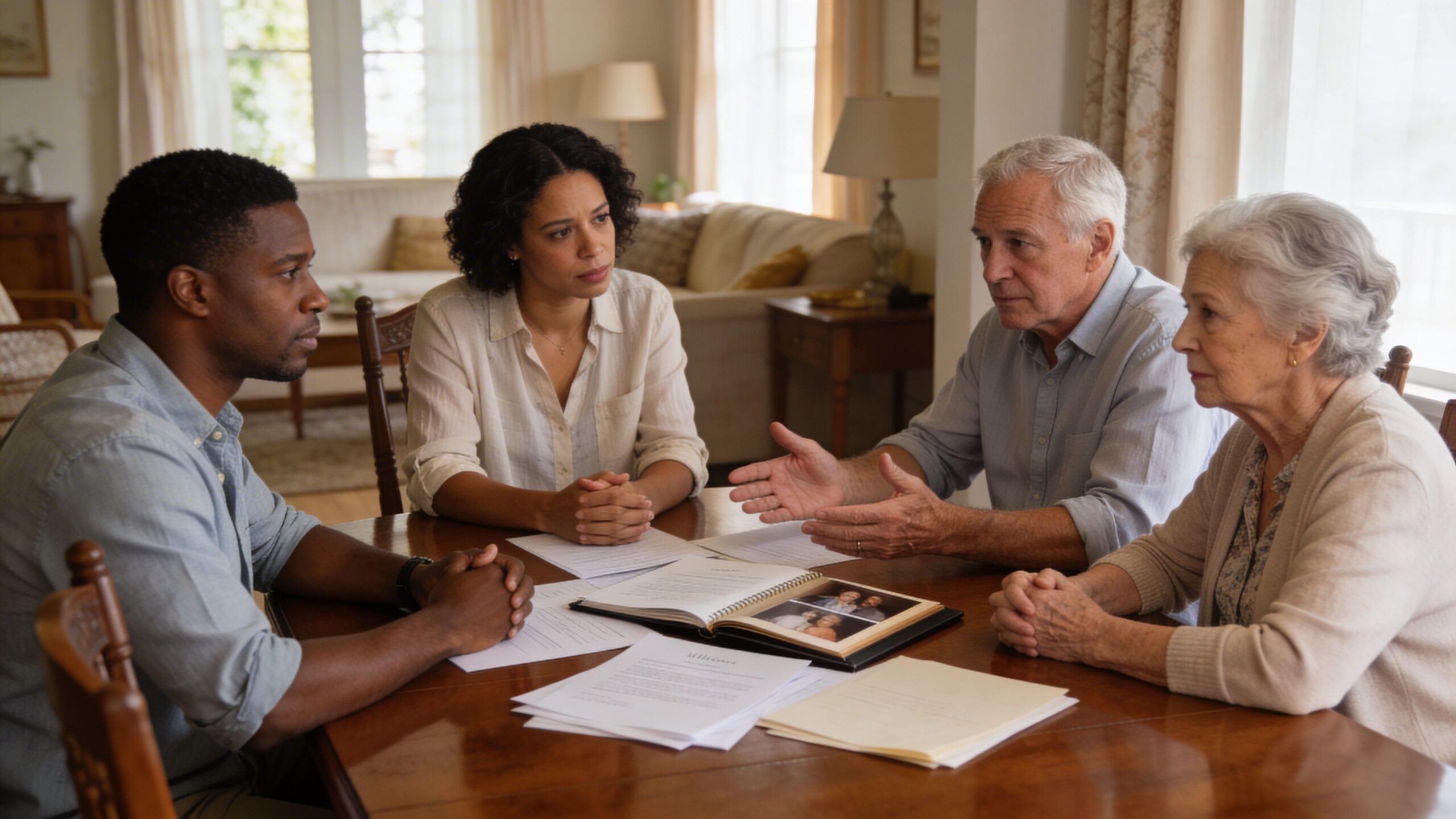 A multi-generational family sitting at a wooden table discussing legal documents and personal family photo albums.