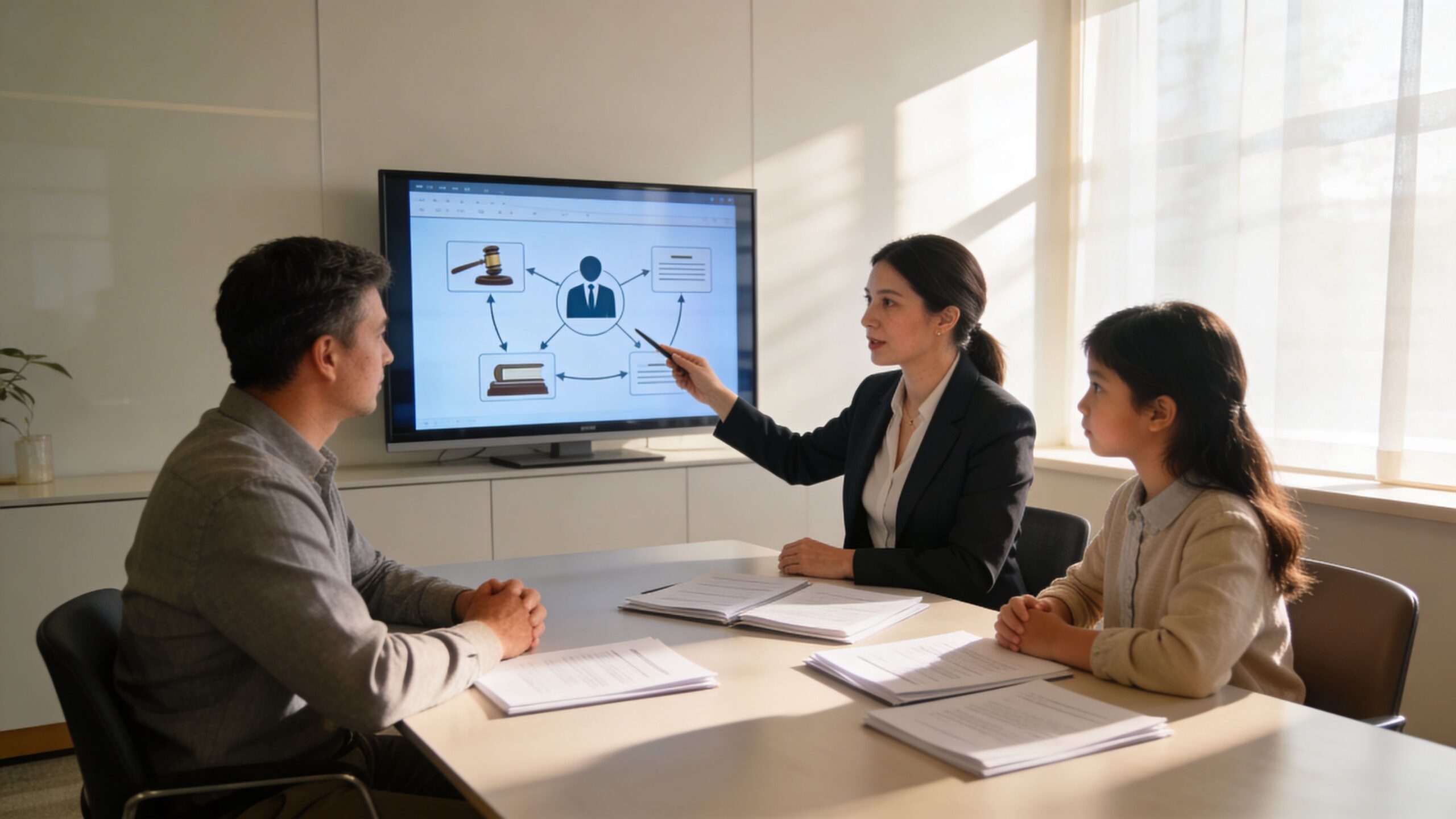 A professional woman discusses legal matters with a man and a young girl in an office meeting.
