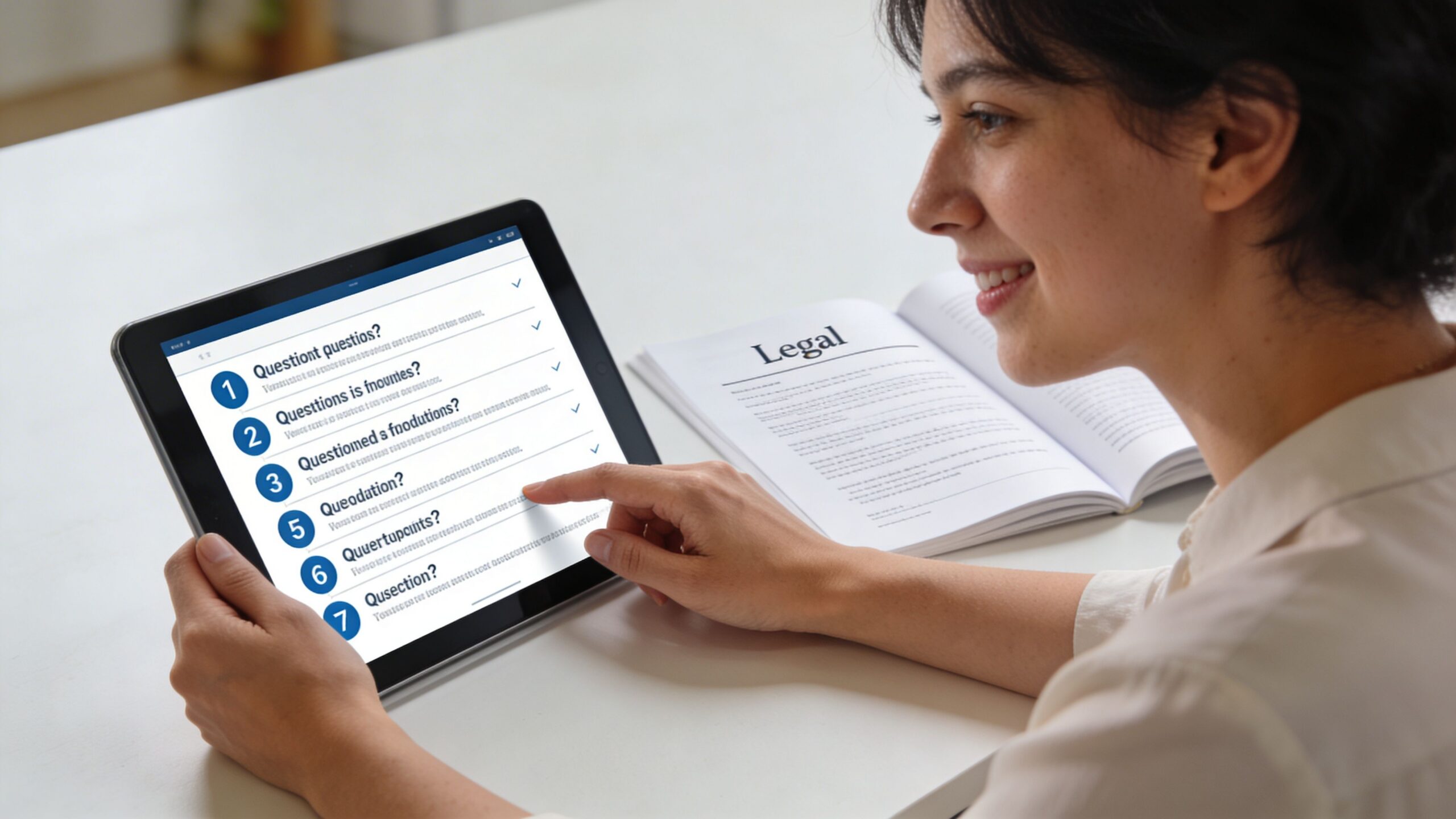 A woman looks at a tablet displaying a legal question list while reviewing a legal textbook.