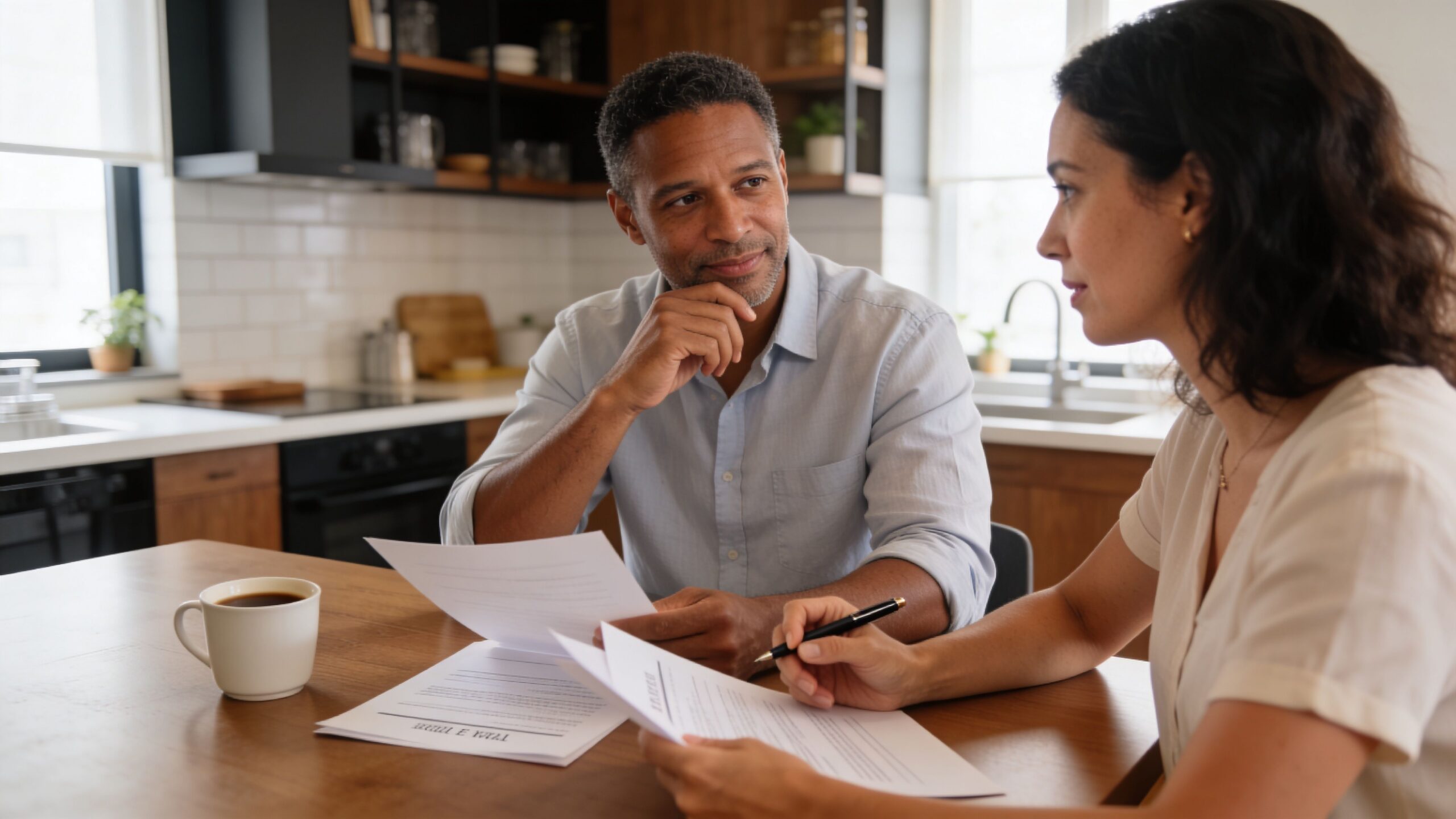 A couple sits at a kitchen table reviewing and signing legal documents together at home.