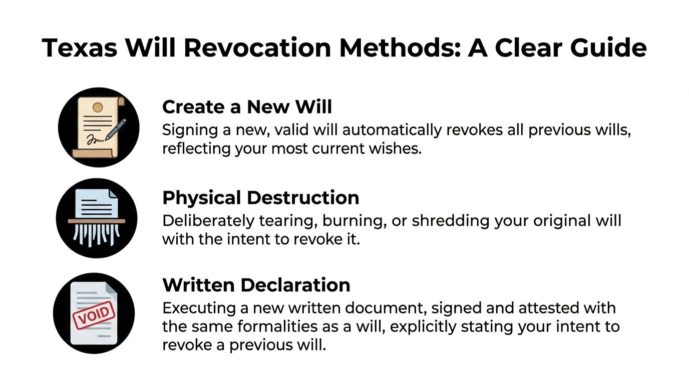 A guide illustrating the three legal methods for revoking a will in the state of Texas.