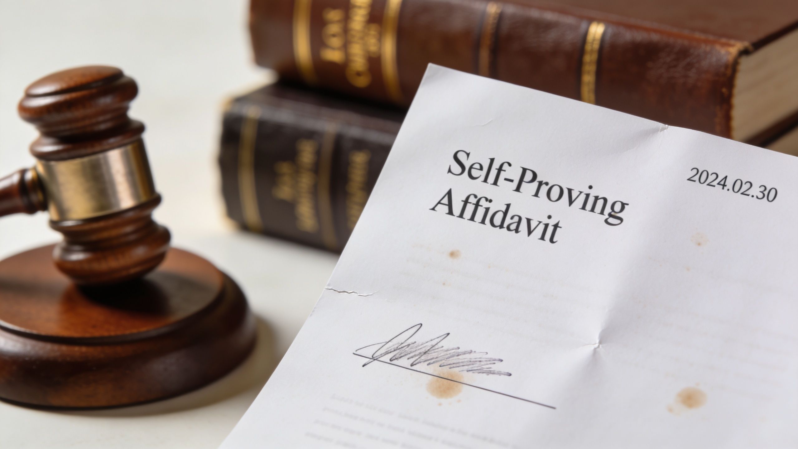 A wooden gavel resting next to a legal document titled Self-Proving Affidavit with a signature.