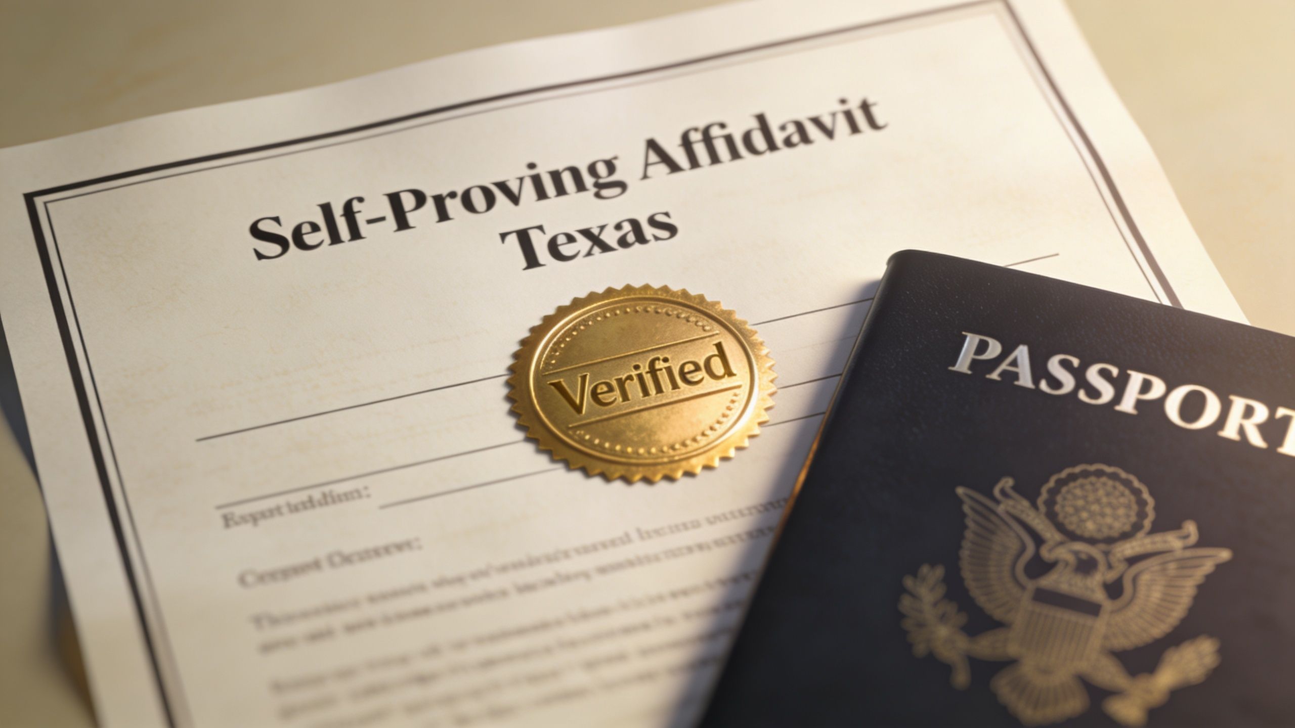 A Texas self-proving affidavit document with a verified seal lying next to a United States passport.