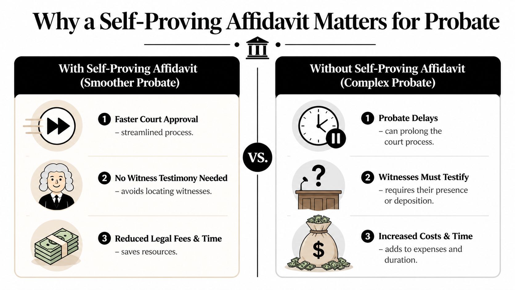 A comparison chart showing how a self-proving affidavit simplifies the probate process versus complex probate without one.