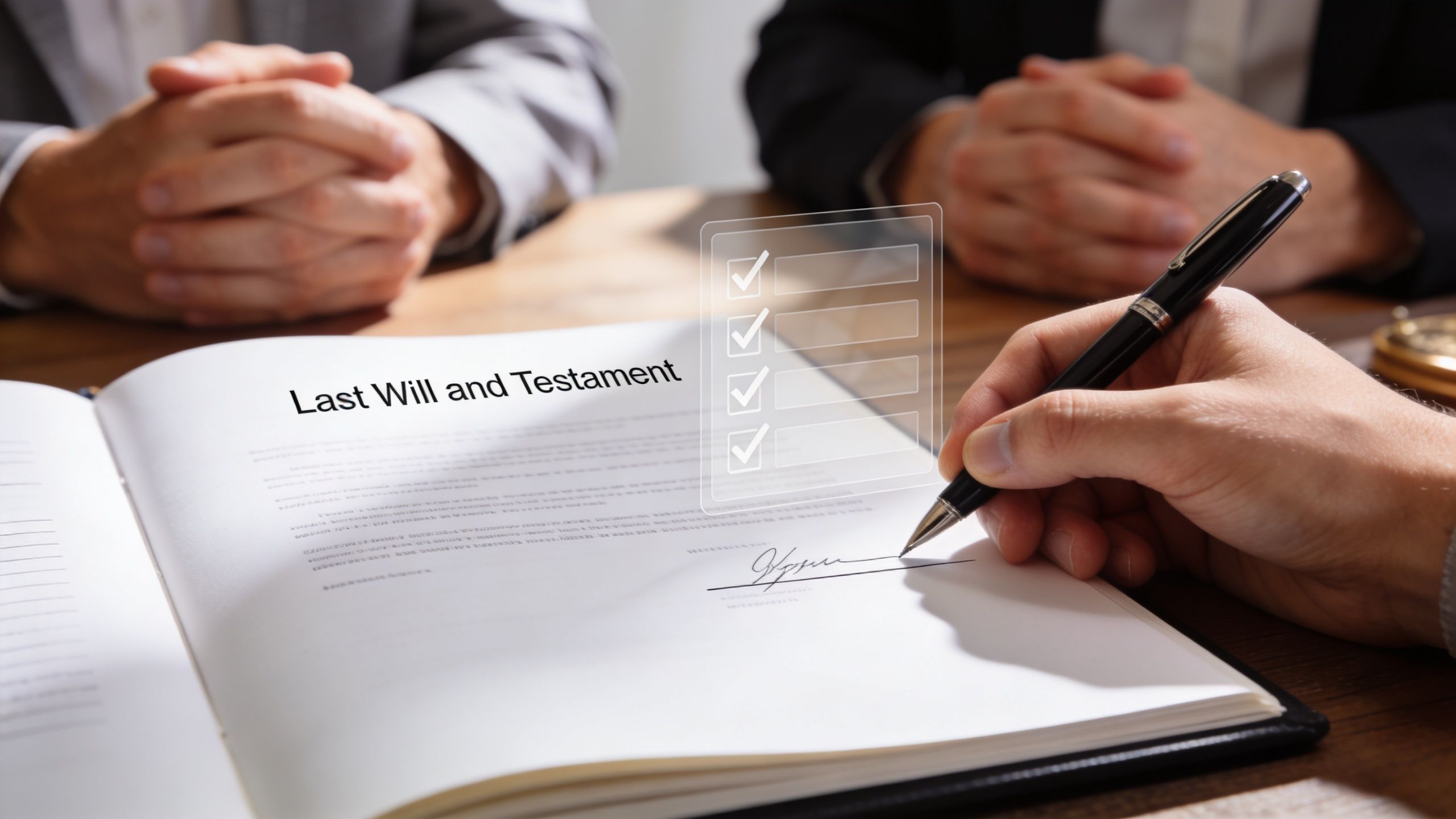 A close-up of a person signing a Last Will and Testament document with legal professionals present.