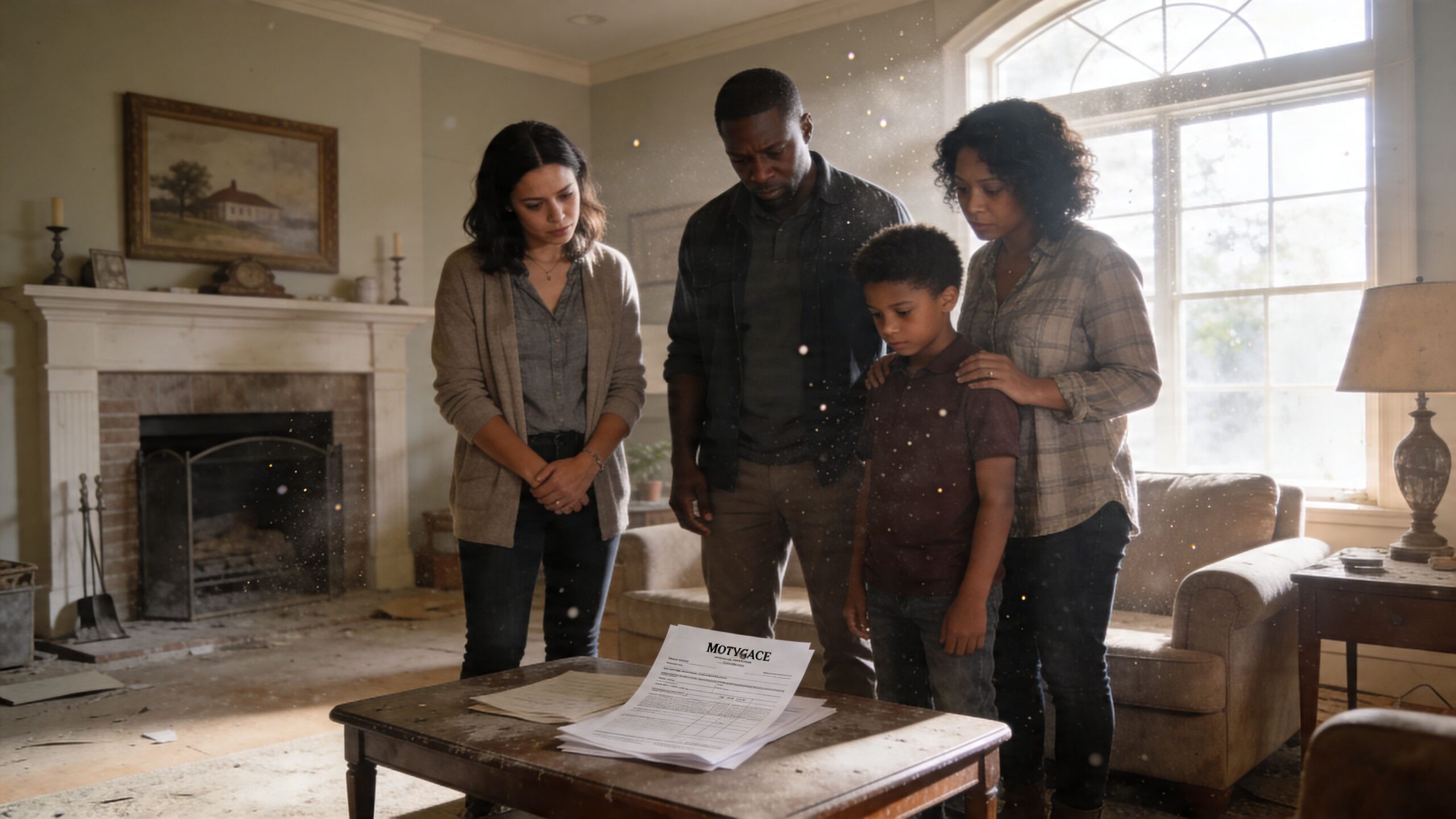 A concerned family looks down at mortgage documents inside a dusty, sunlit living room of an estate property.