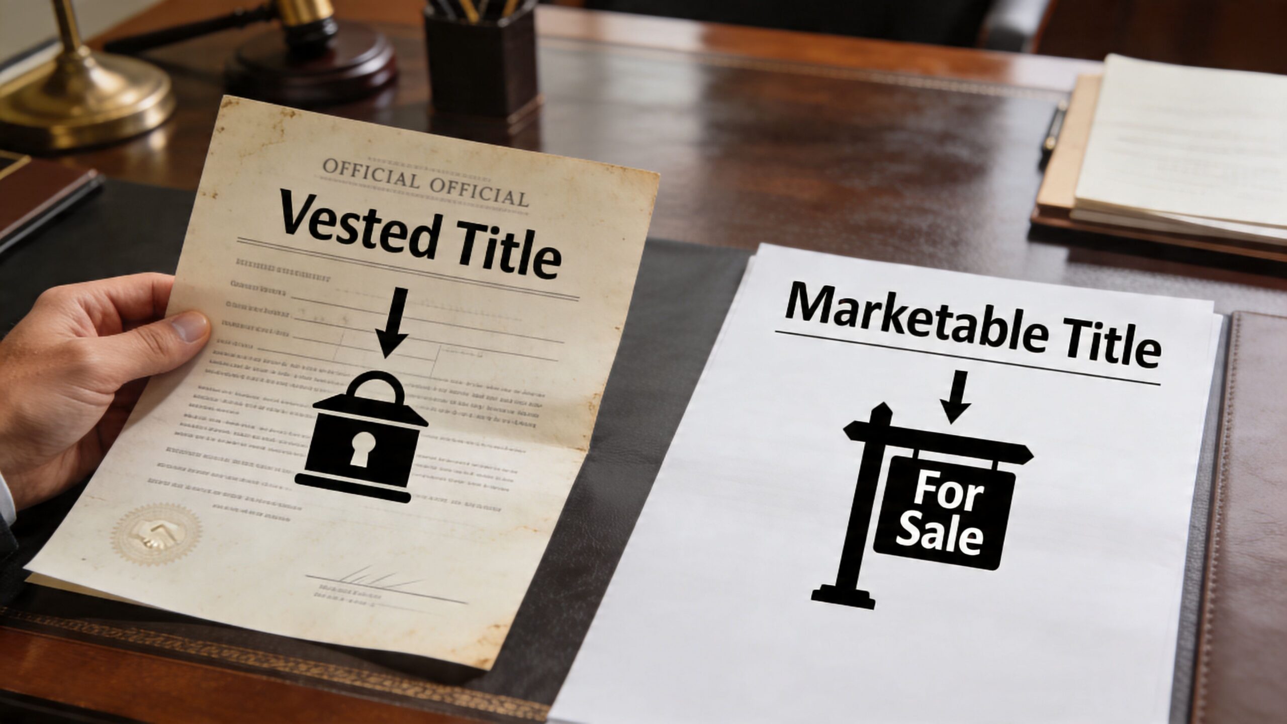 A hand holds a Vested Title document with a padlock icon next to a Marketable Title document.