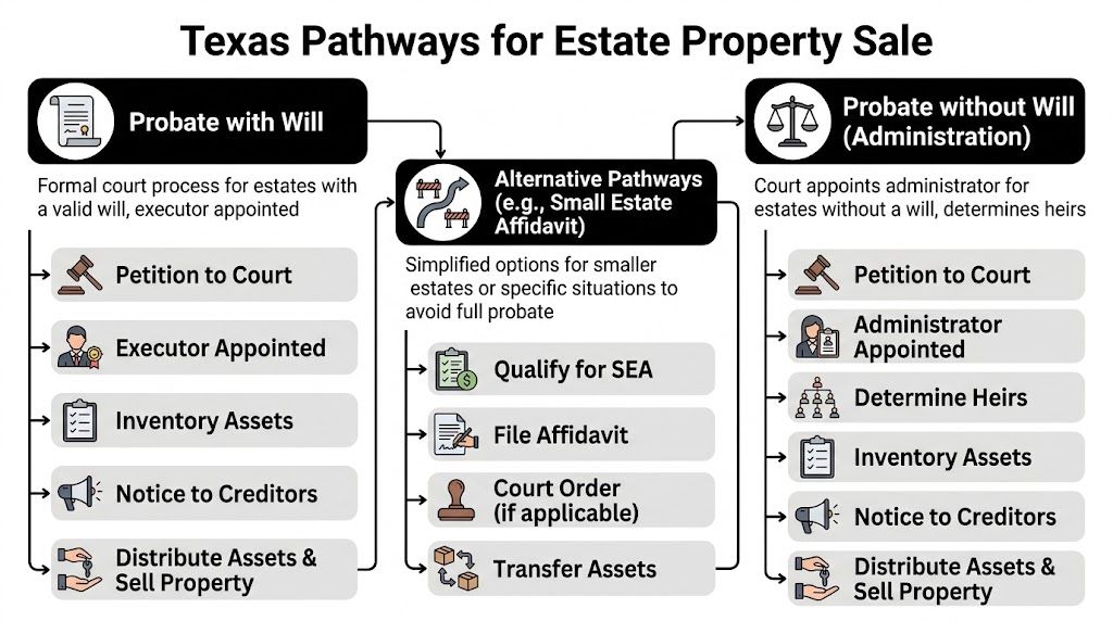 A flowchart outlining the different legal pathways for selling estate property in Texas, including probate and alternatives.