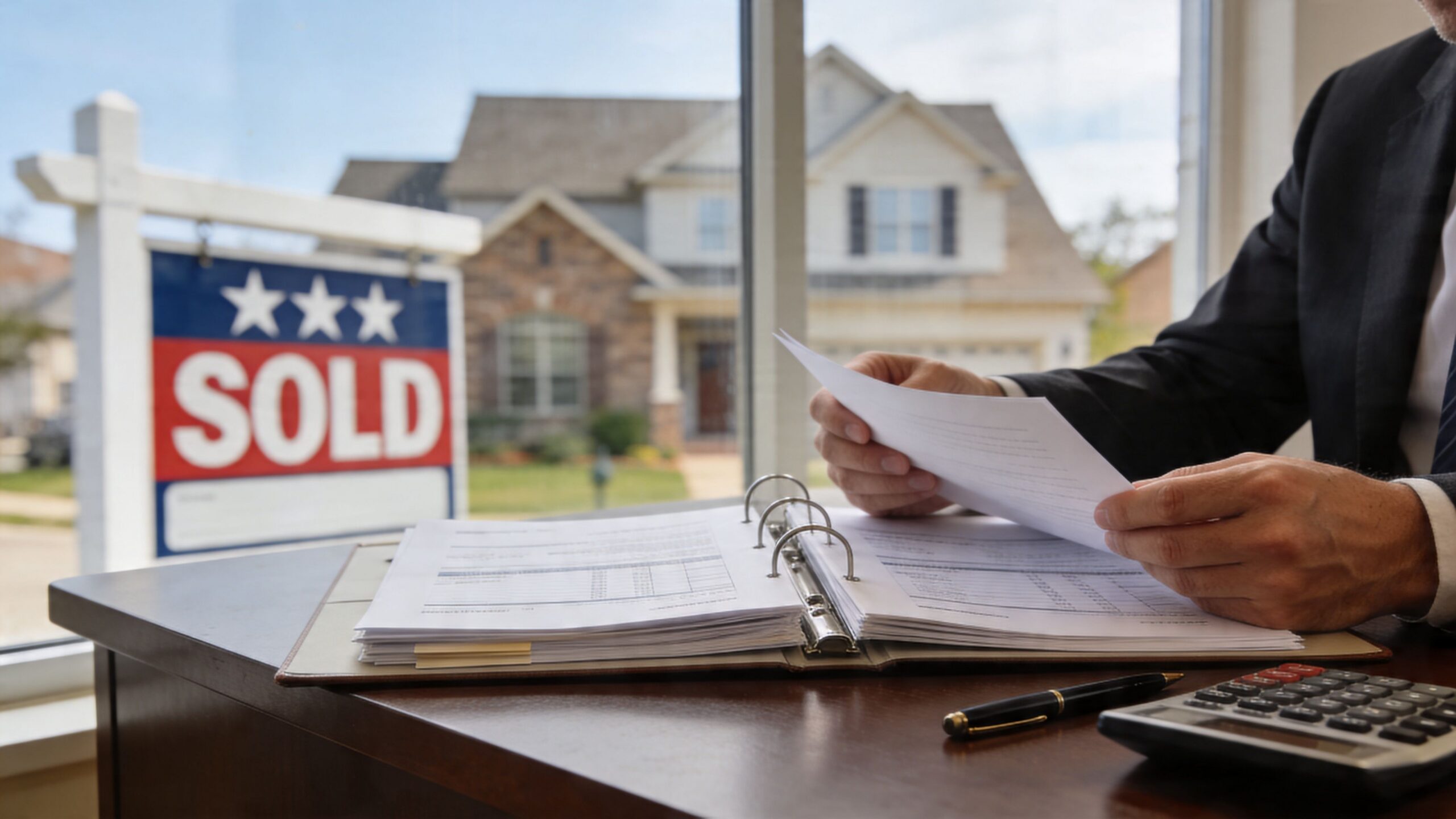 A real estate agent reviewing paperwork at a desk in front of a sold property sign.