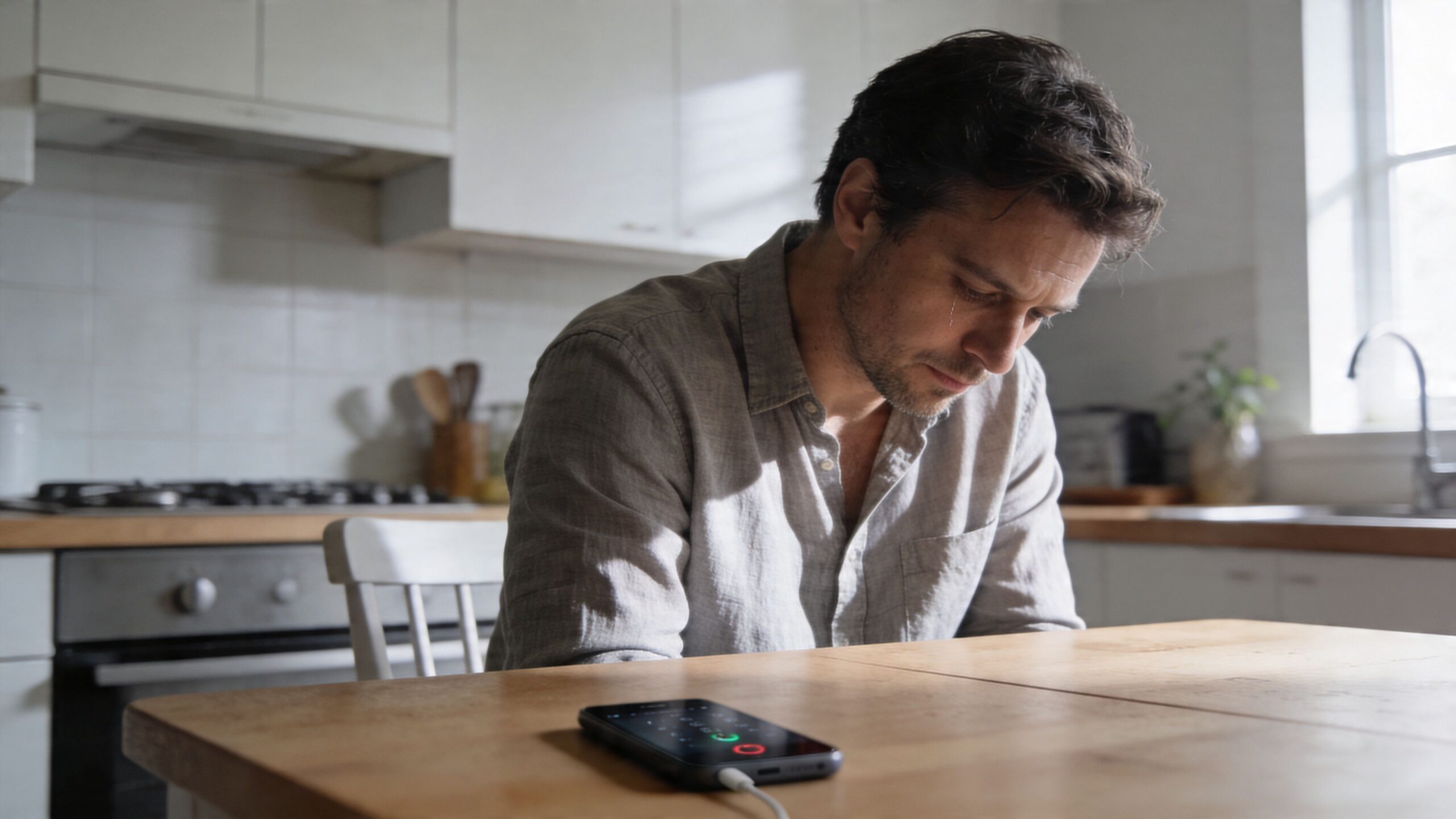 A distraught man sits alone at a kitchen table, looking sadly at a smartphone charging on the wood surface.