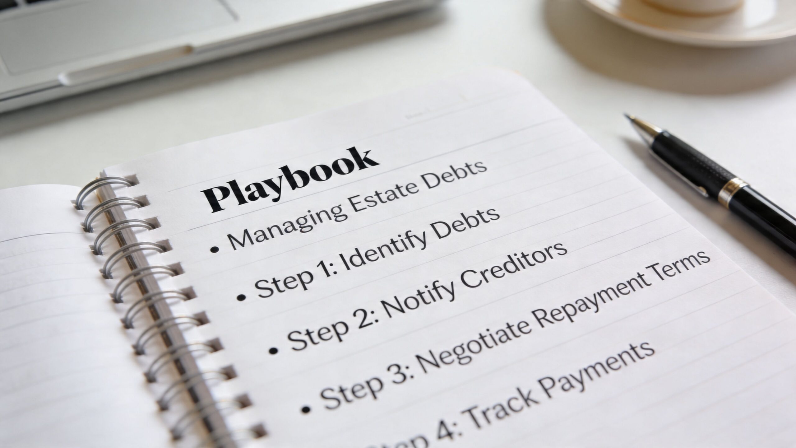 A notepad containing a playbook for managing estate debts with numbered steps for legal executors.