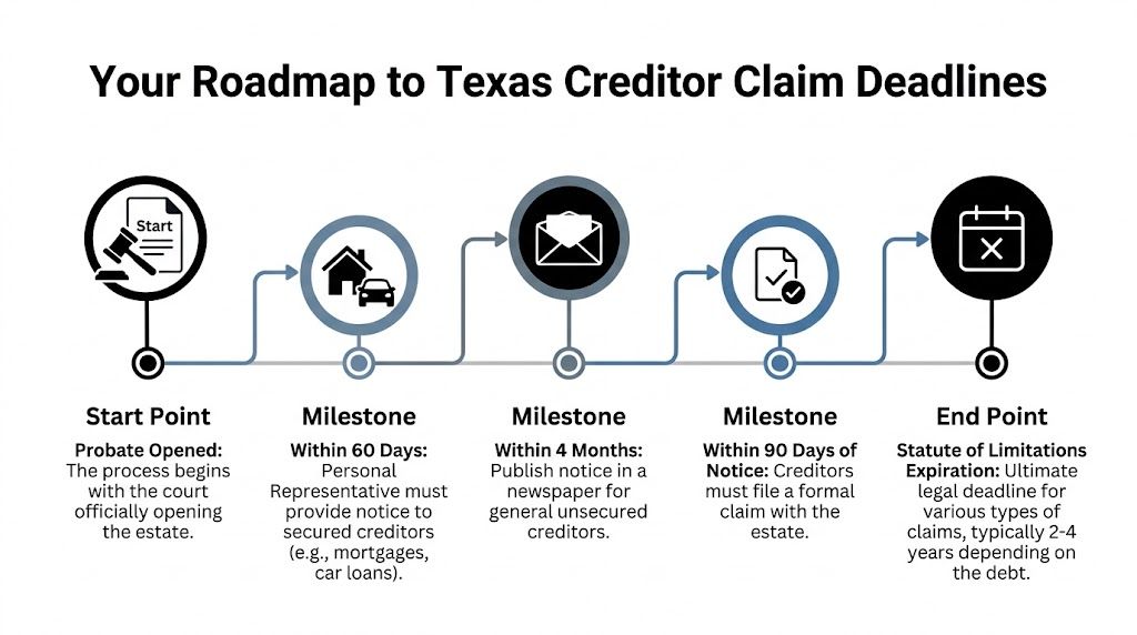 A roadmap diagram outlining key Texas probate deadlines for creditors and personal representatives during estate administration.