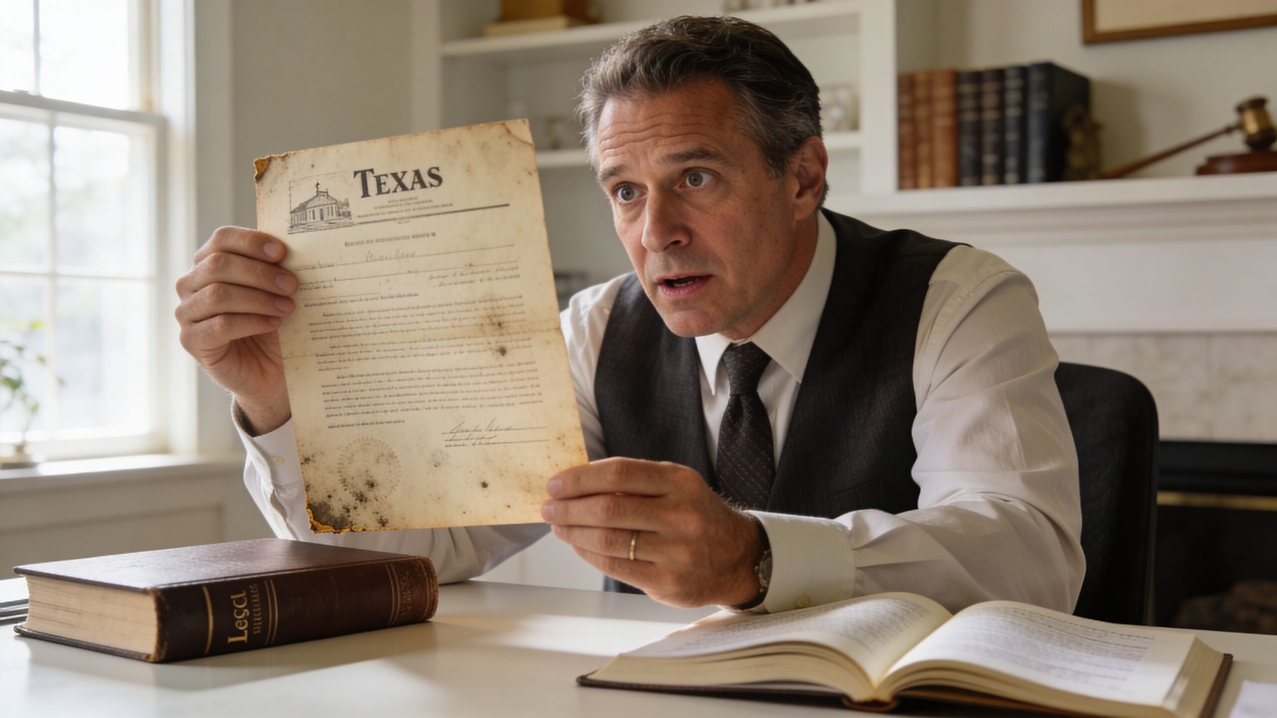 A professional man in a vest reading an antique document titled Texas while seated at a desk.
