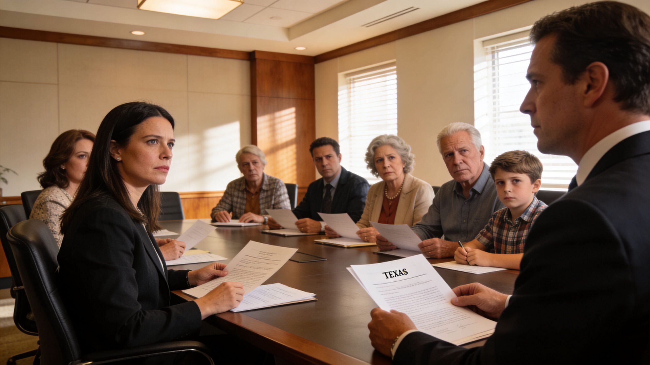 A professional group of people in a boardroom meeting reviewing legal documents, some labeled with Texas.