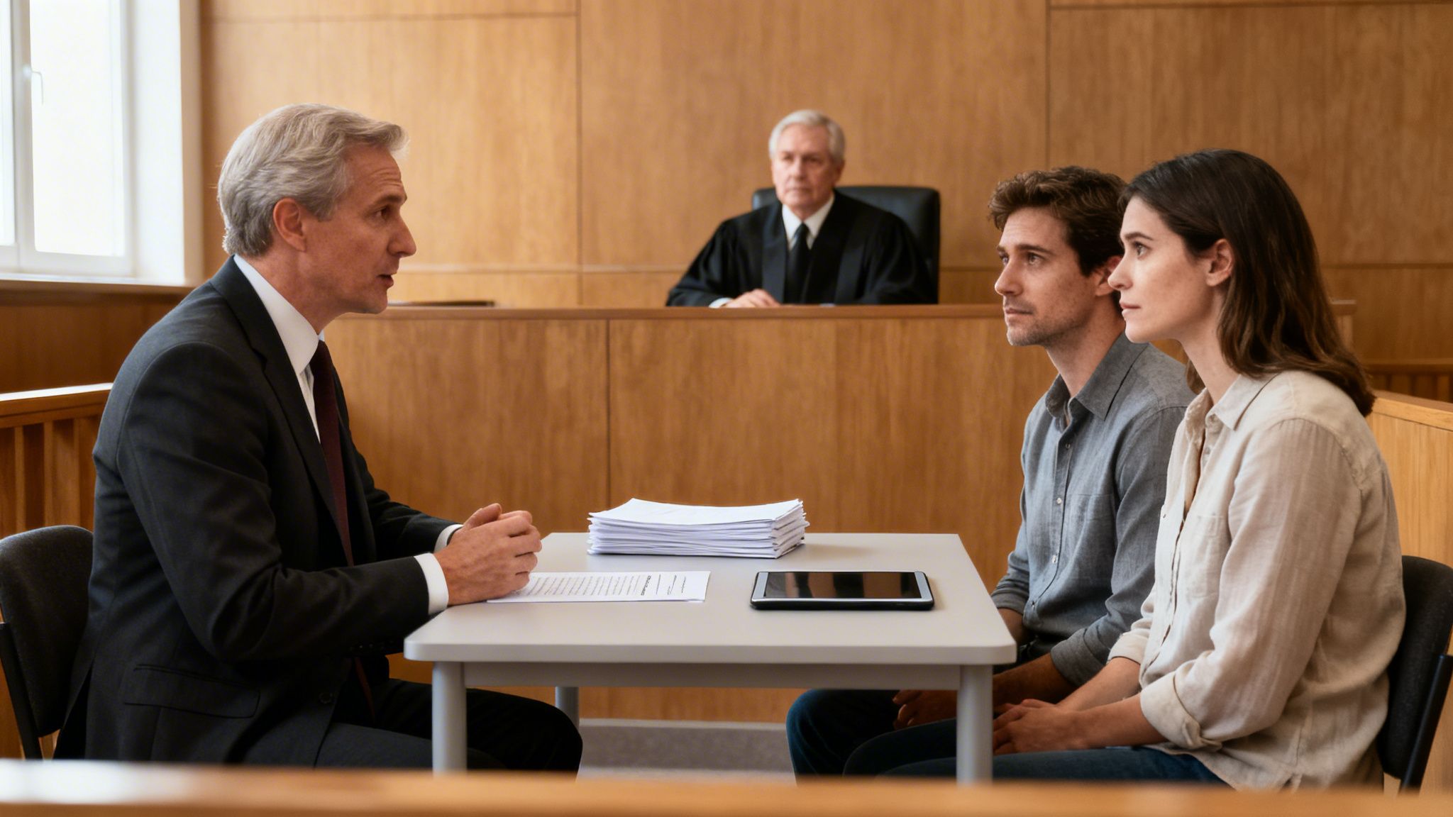 A lawyer consults with a serious young couple in a courtroom, a judge sits behind them.