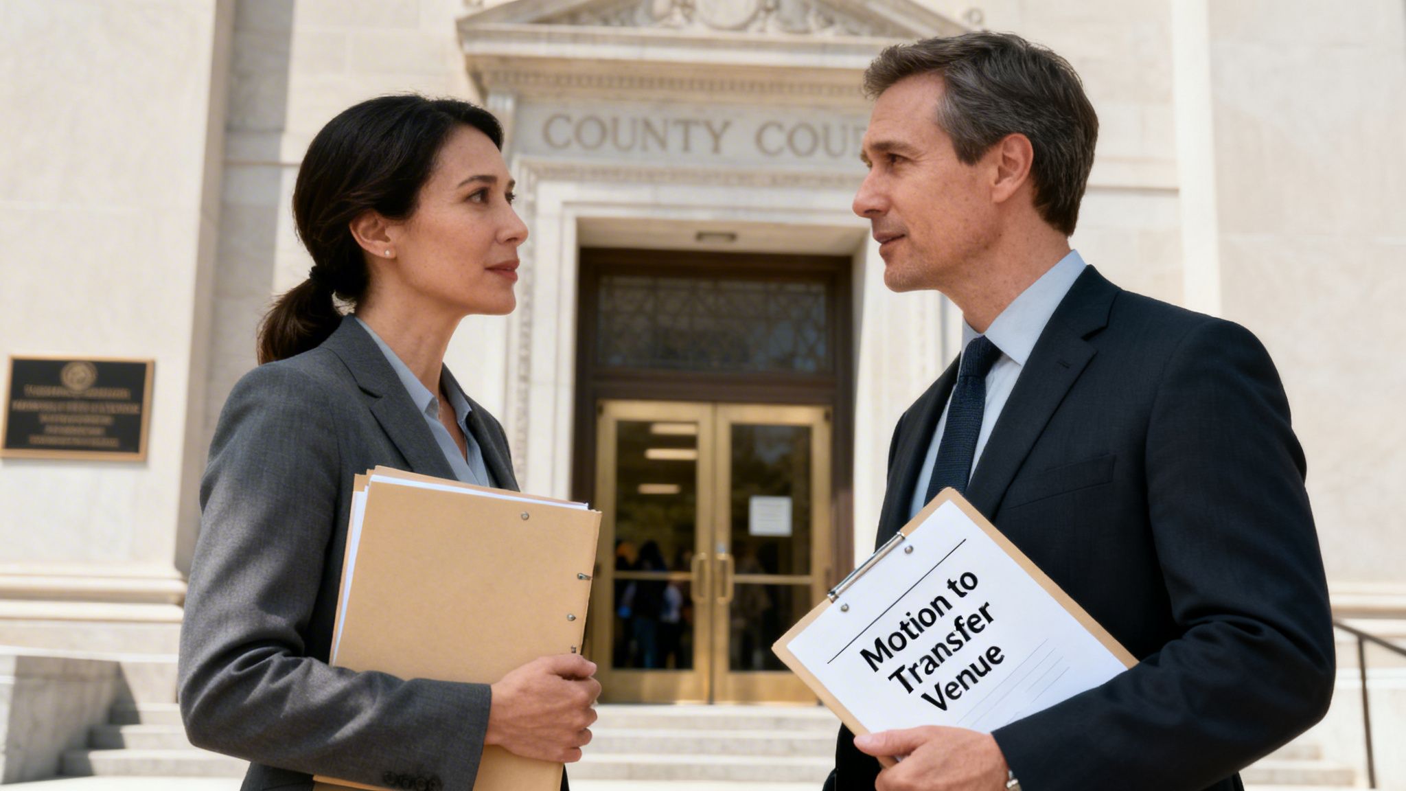 Two lawyers discuss a 'Motion to Transfer Venue' document outside a county court building.