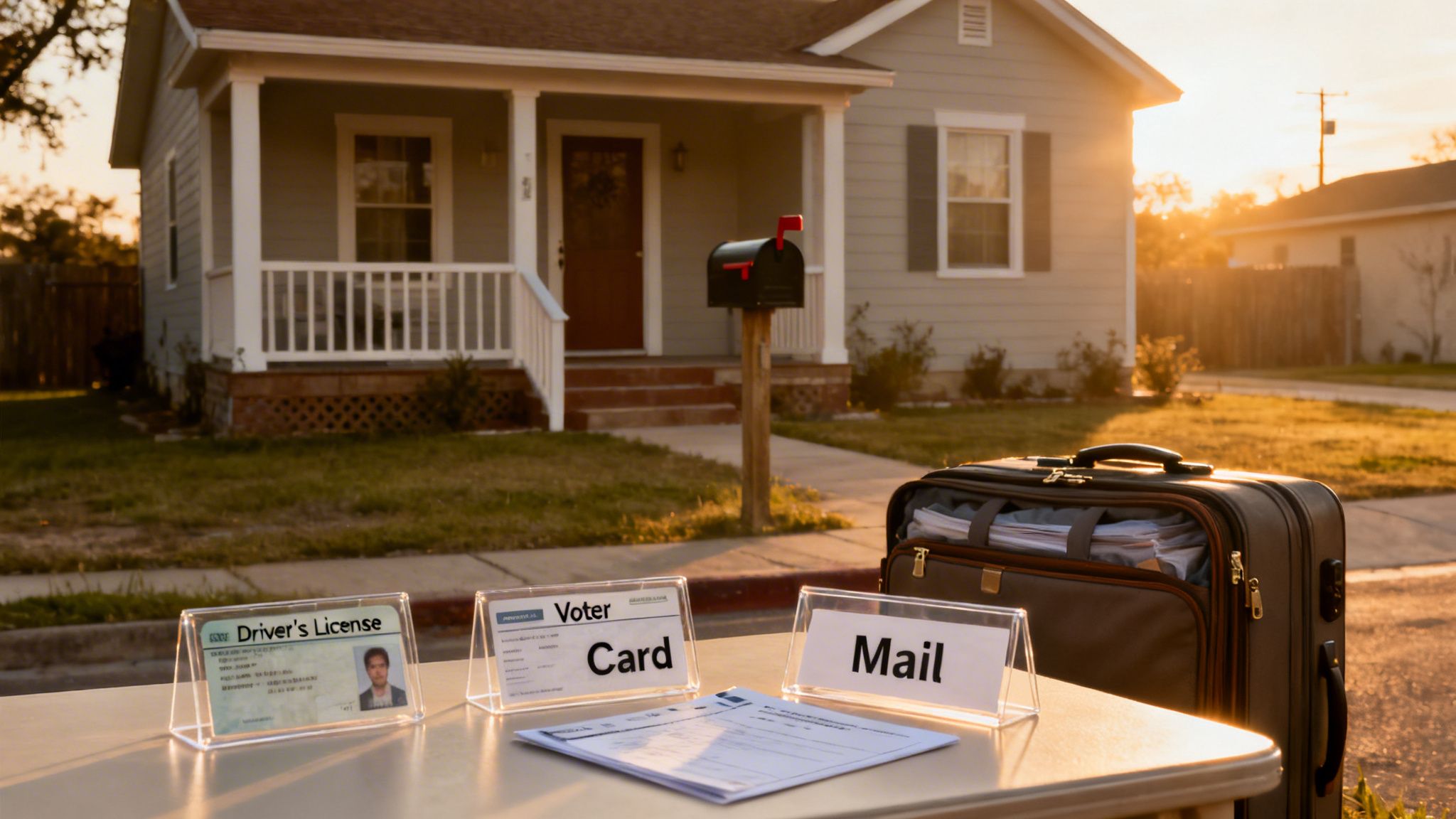 Driver's license, voter card, and mail on a table in front of a suburban house.