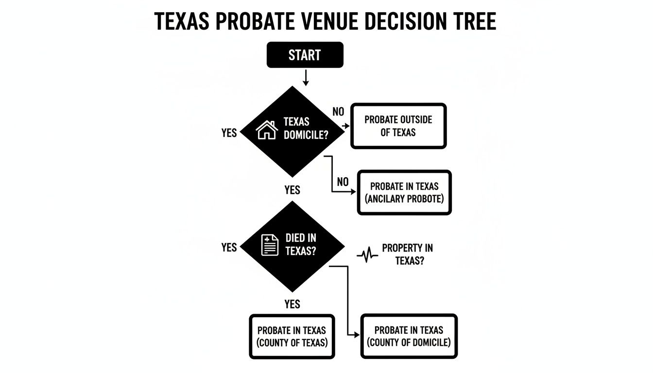 Flowchart detailing the decision process for Texas probate venue based on domicile, death, and property.