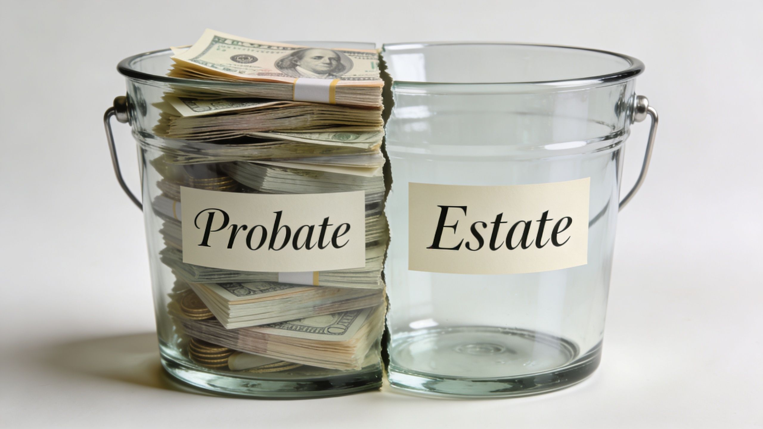 A split glass container, one side filled with US dollar bills and labeled Probate, the other empty labeled Estate.