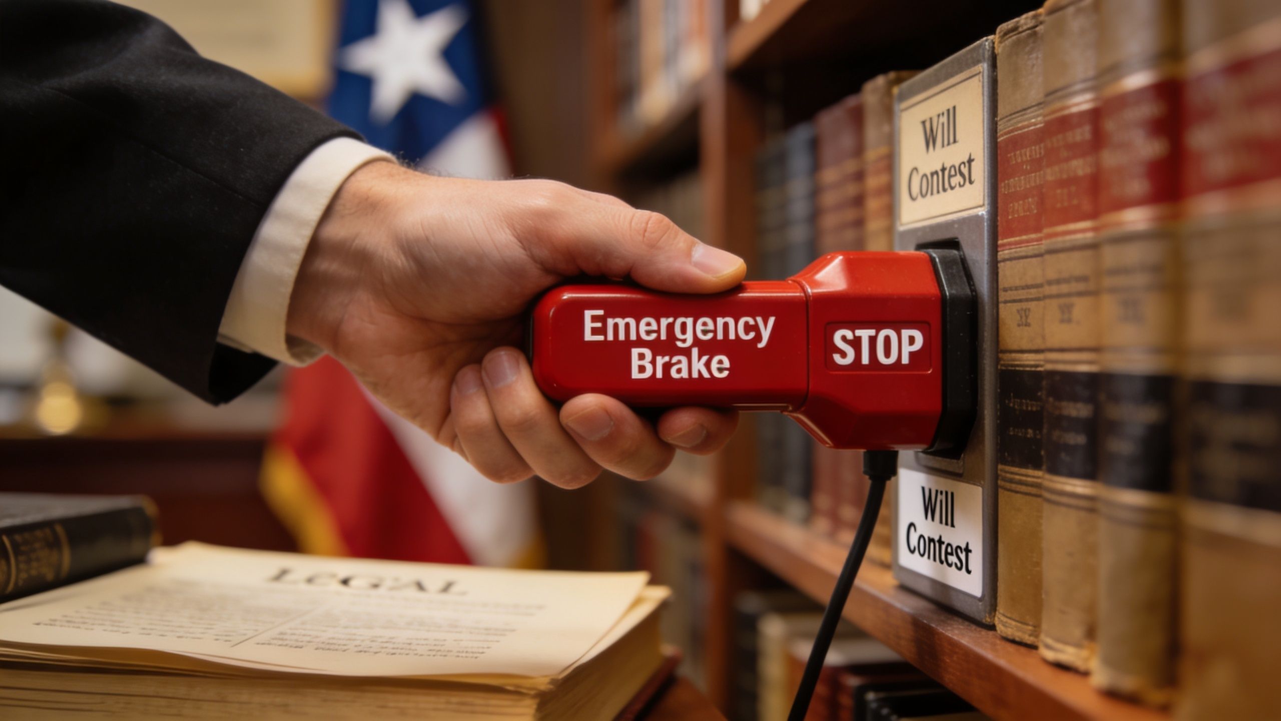 A hand holding an emergency brake button labeled Stop in front of law books on a bookshelf.
