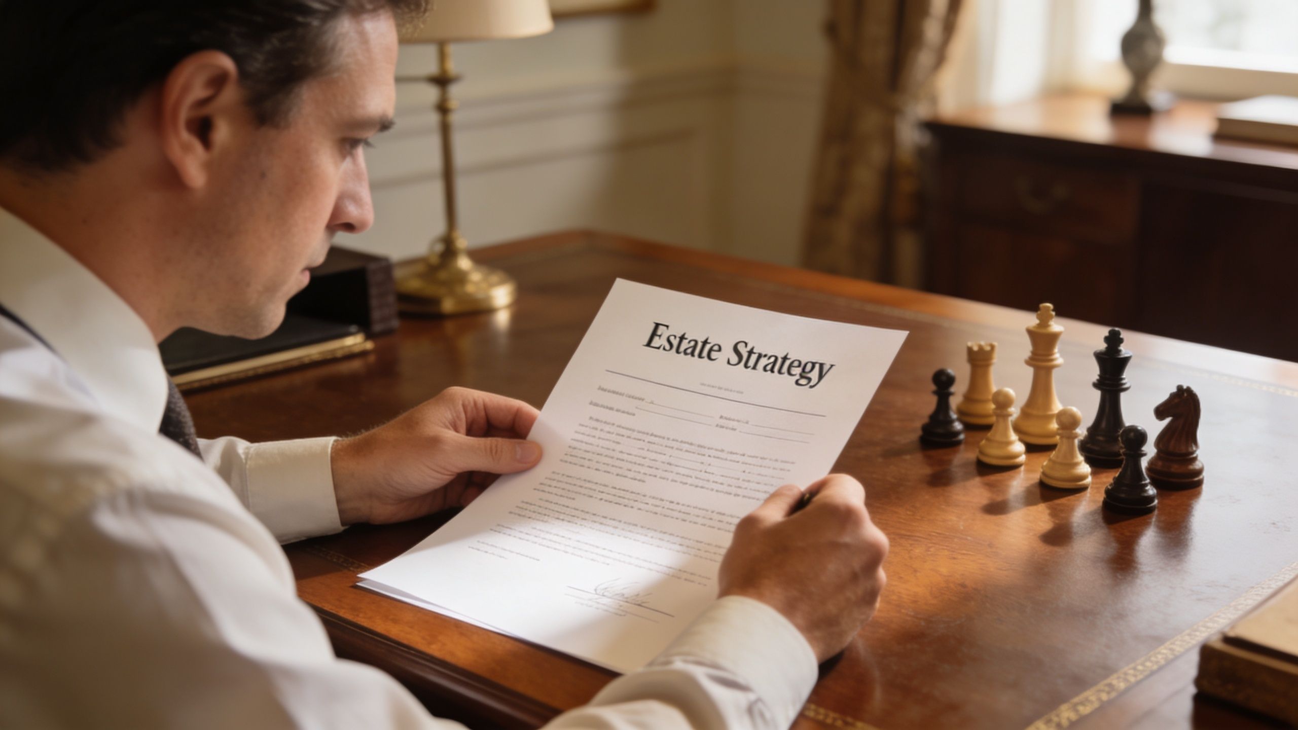 A professional man at a desk reviews estate strategy documents with chess pieces nearby representing strategic planning.