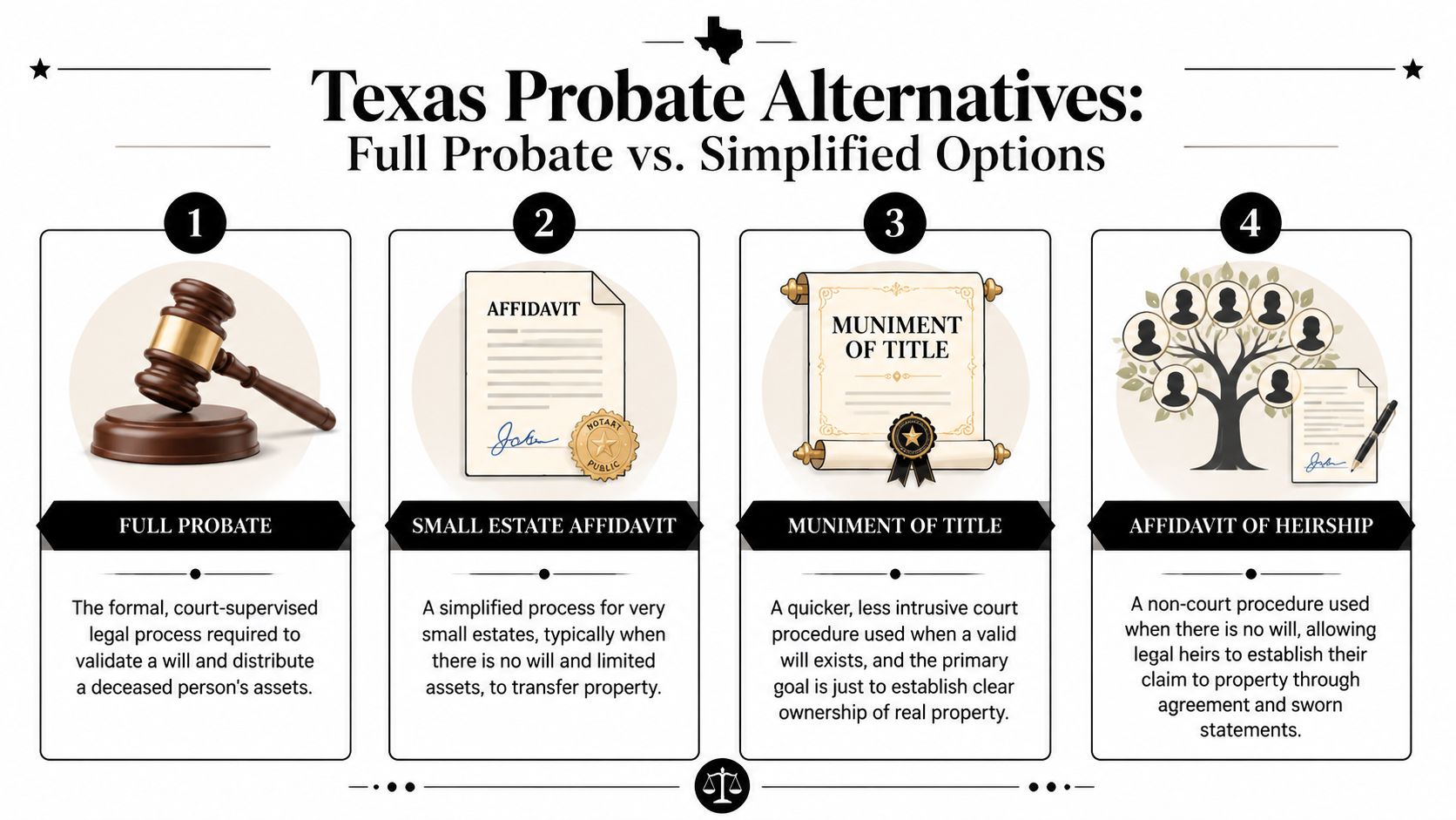 An infographic showing four options for Texas probate including full probate, small estate affidavits, muniment of title, and heirship.