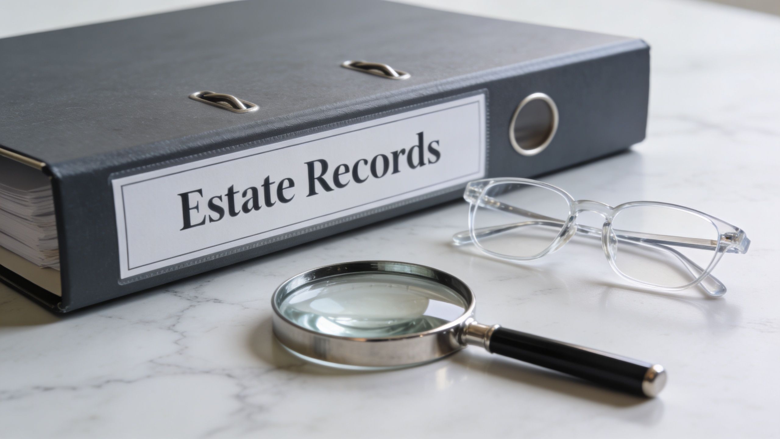A black binder labeled Estate Records with a magnifying glass and glasses on a marble table.