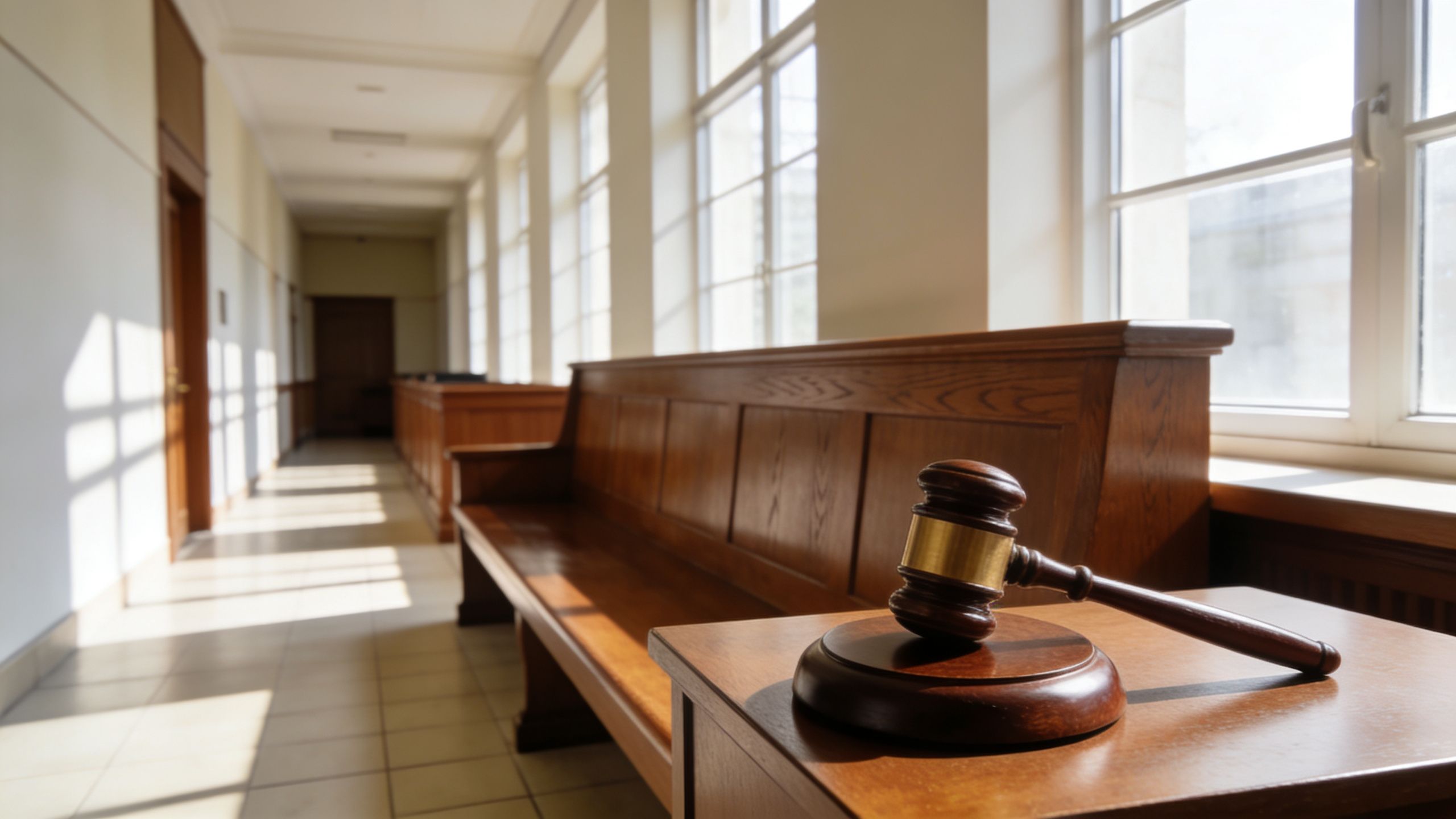 A wooden judge gavel resting on a table inside a quiet, sunlit courthouse hallway.