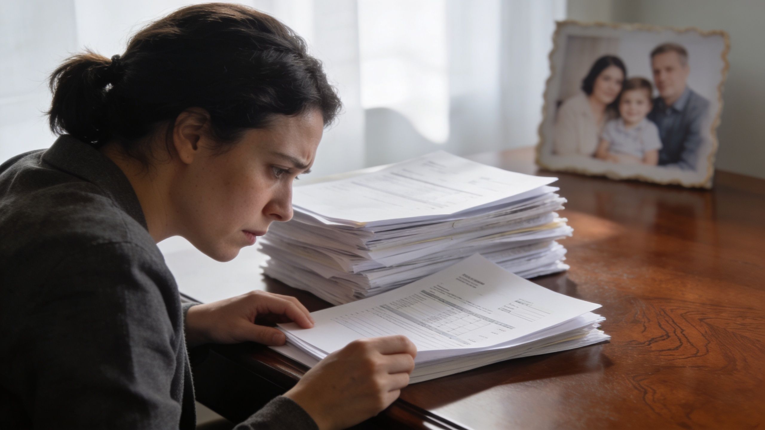 A concerned woman sitting at a desk reviewing a large stack of legal paperwork and financial documents.