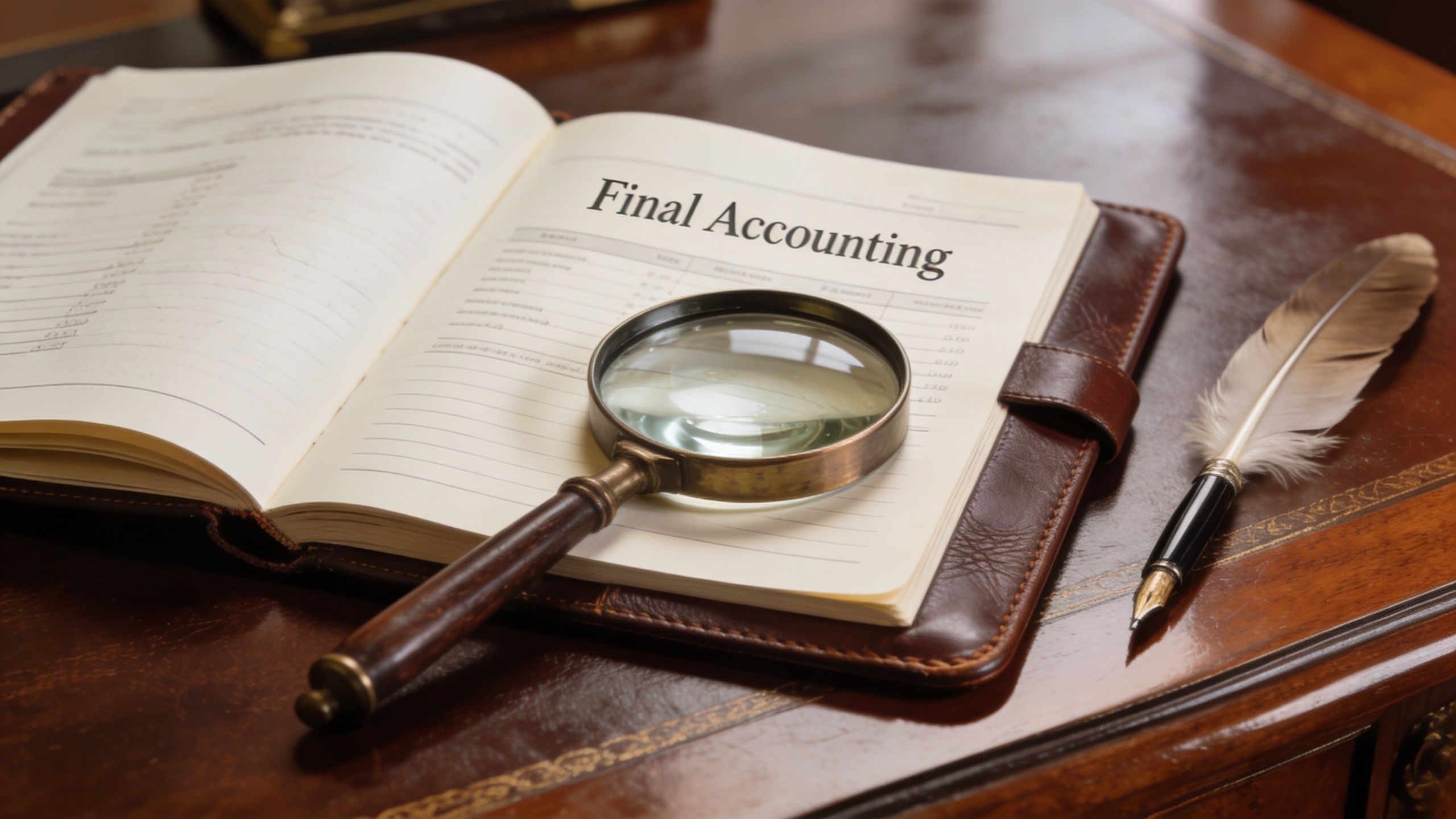 A magnifying glass placed on an open book titled Final Accounting next to a quill pen.