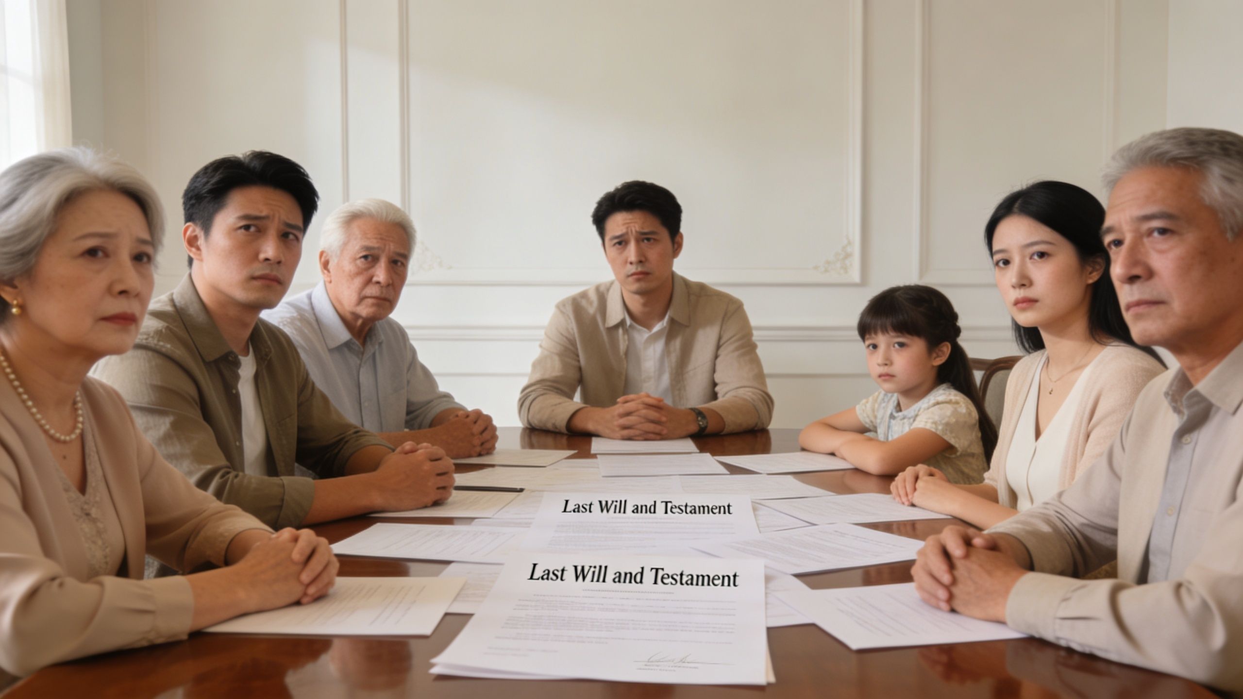 A family sitting at a conference table looking concerned during a serious discussion about legal wills.