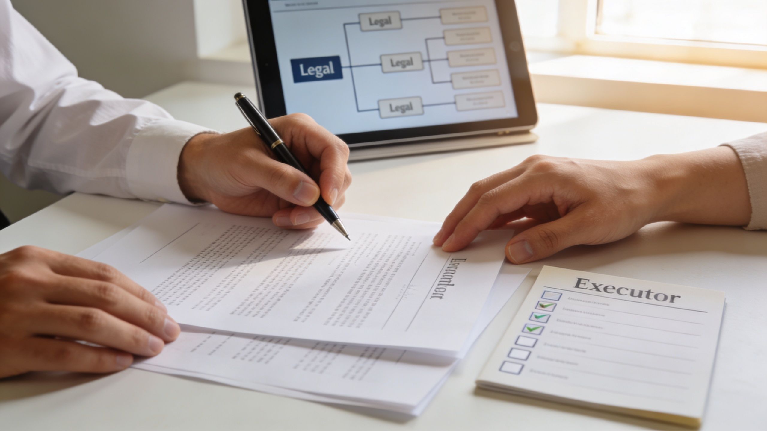 A person signing a legal document next to an executor checklist while reviewing an organizational chart.