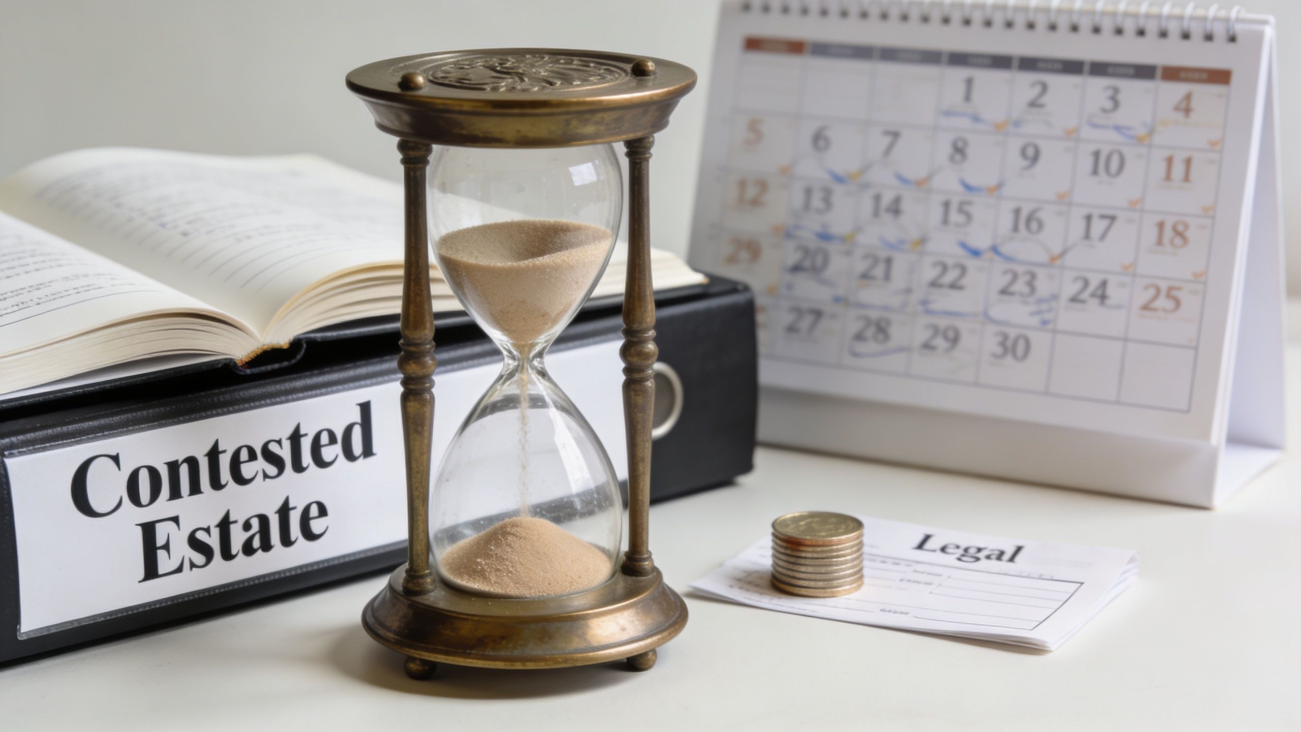 An hourglass, a legal document, and a calendar representing the time-sensitive nature of a contested estate case.