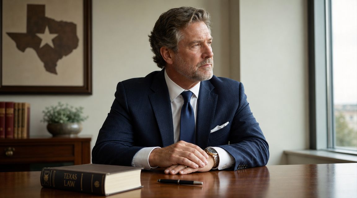 A professional attorney sitting at a wooden desk with a Texas law book in an office setting.