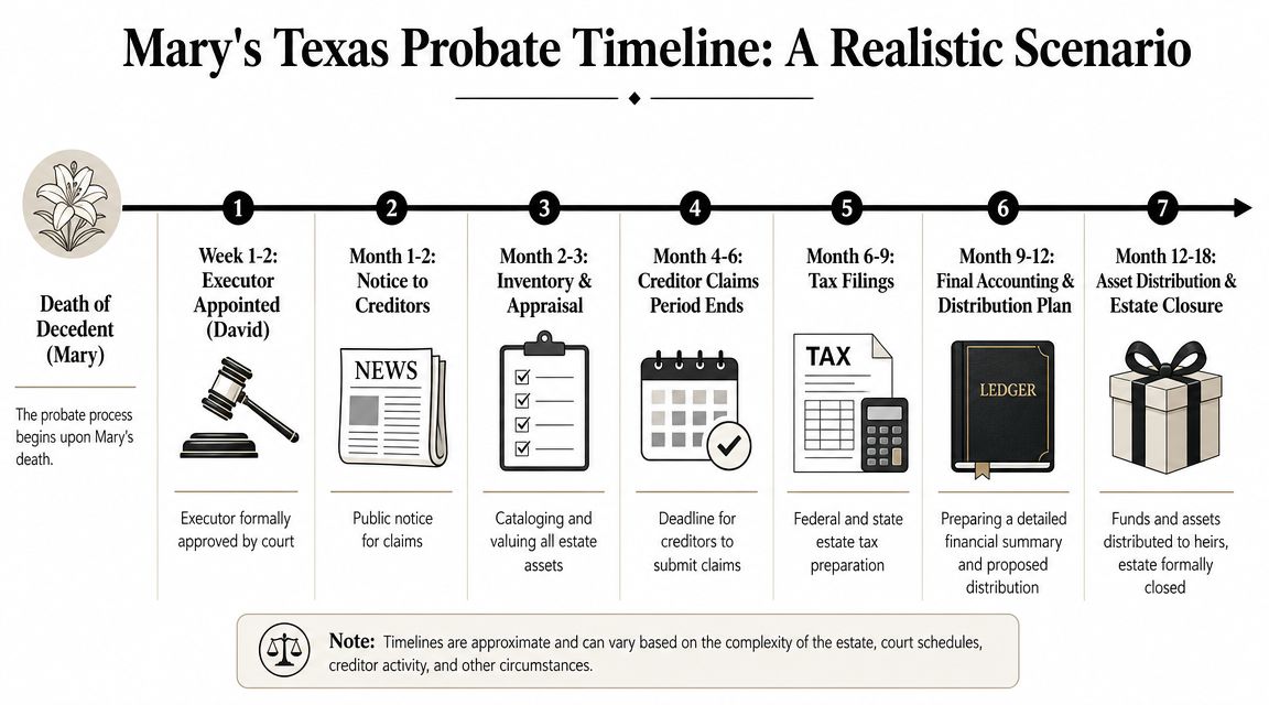 A timeline graphic illustrating the typical steps and estimated duration of the Texas probate process for an estate.