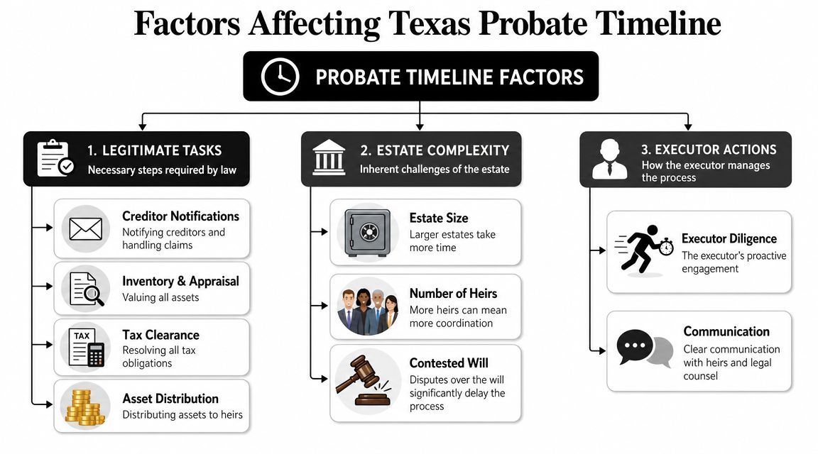 A diagram outlining key factors that influence the duration of the probate process in Texas.
