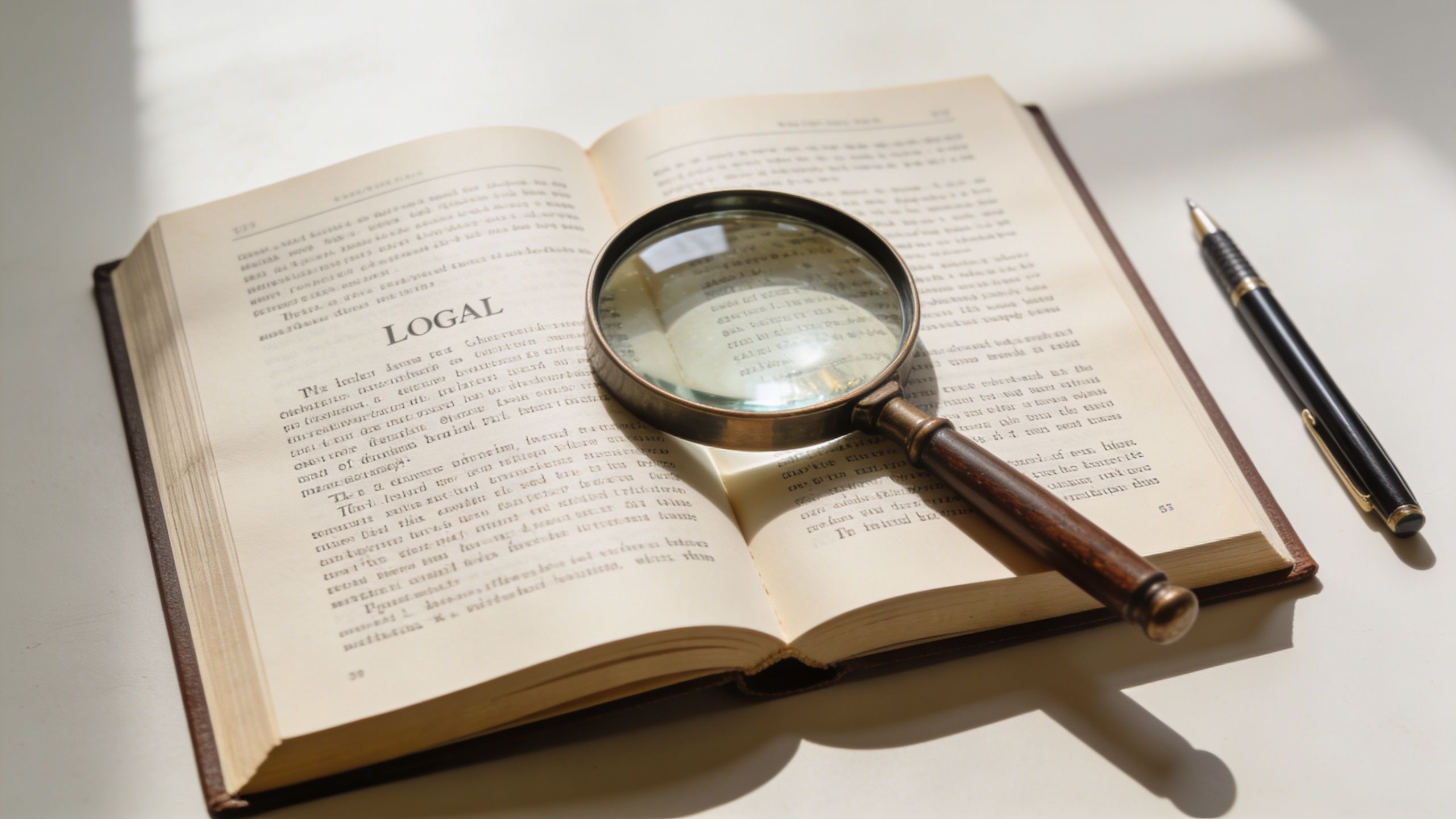 A magnifying glass resting on an open vintage law book next to a black pen on a table.