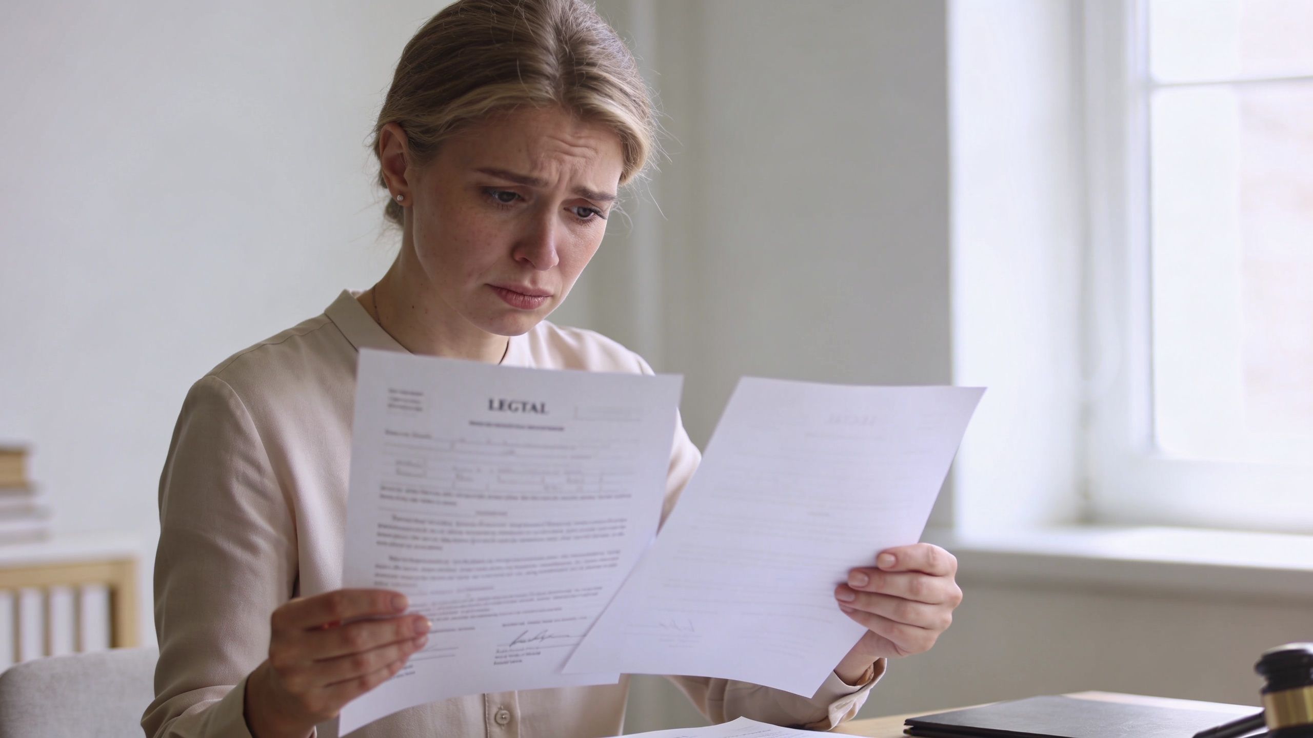 A concerned woman reading legal documents with a serious and worried expression in a professional setting.