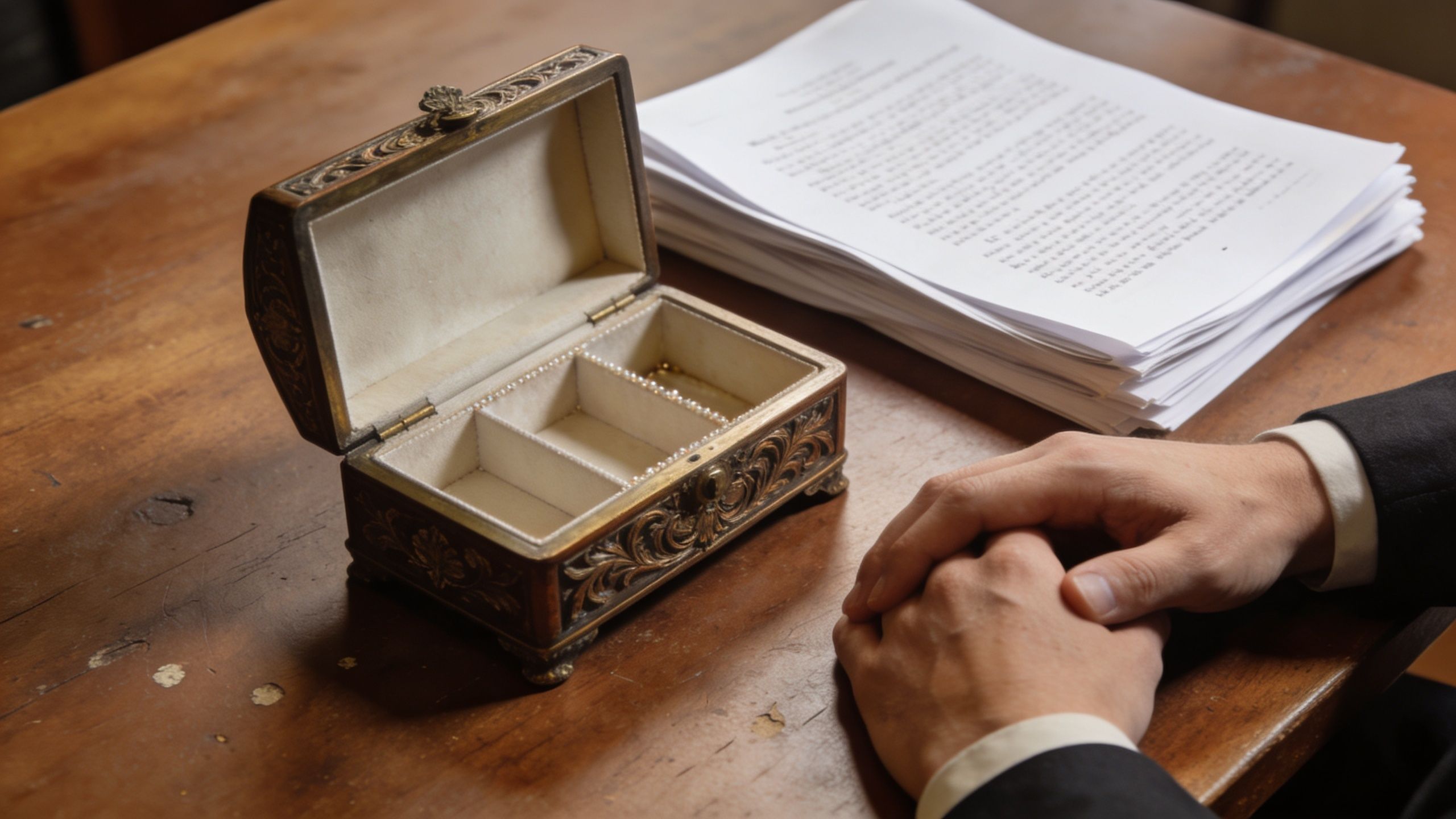 A person in a suit sits beside an empty wooden jewelry box and legal documents on a table.