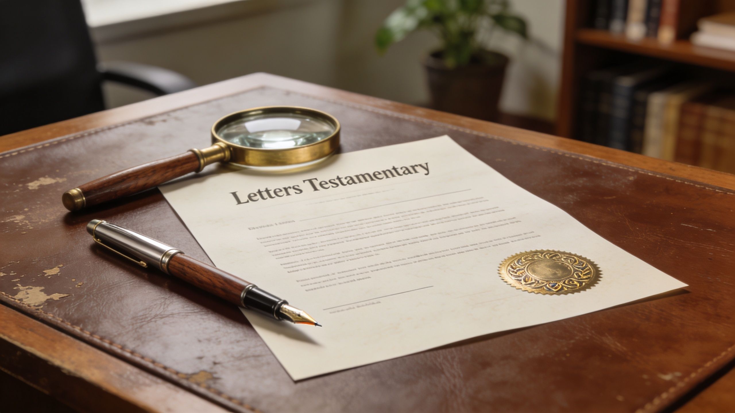 A document titled Letters Testamentary resting on a leather desk with a magnifying glass and fountain pen.