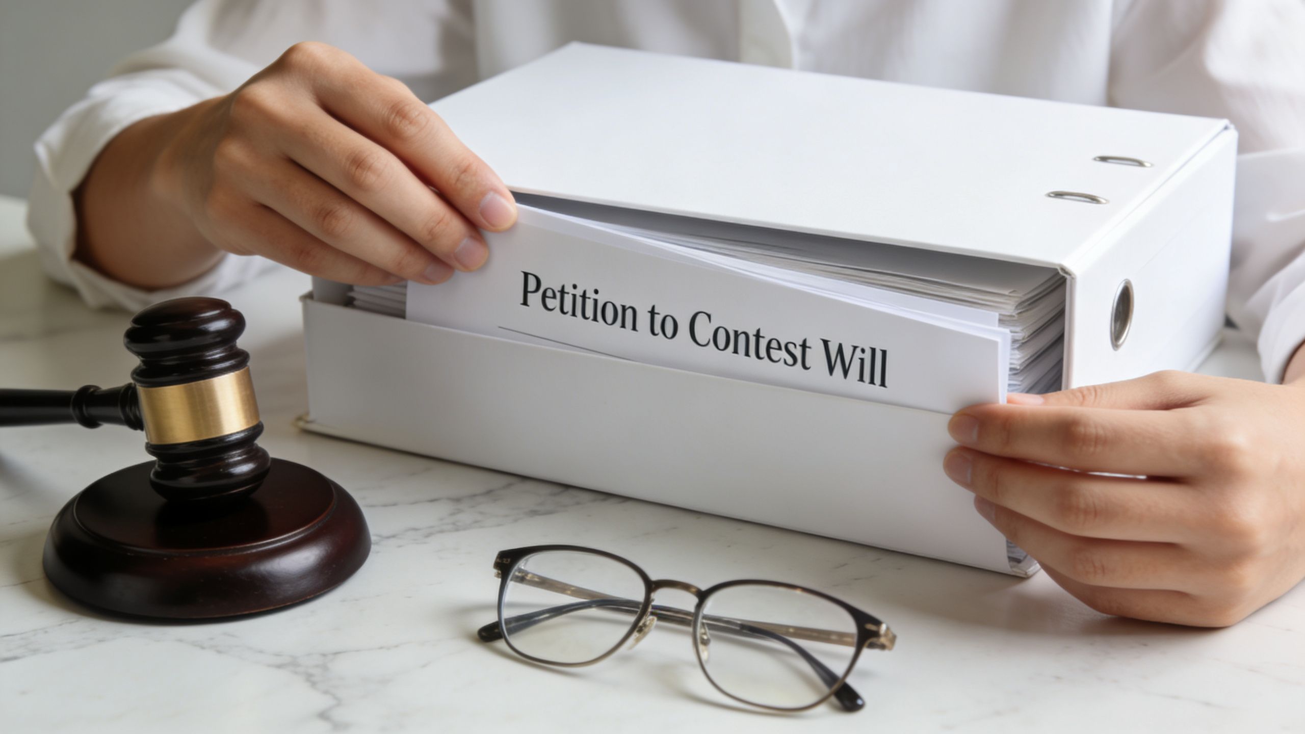 A person organizing legal documents labeled Petition to Contest Will next to a wooden judge's gavel.