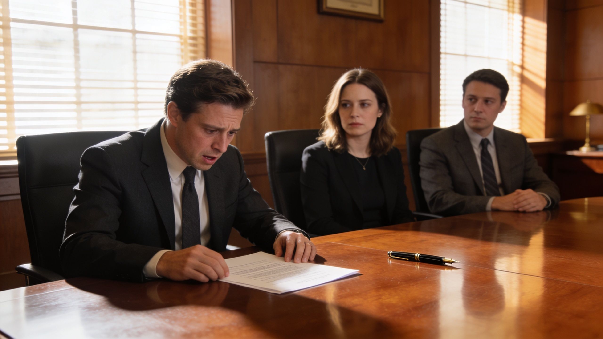 A professional man reads a legal document at a conference table with two colleagues in a law office.