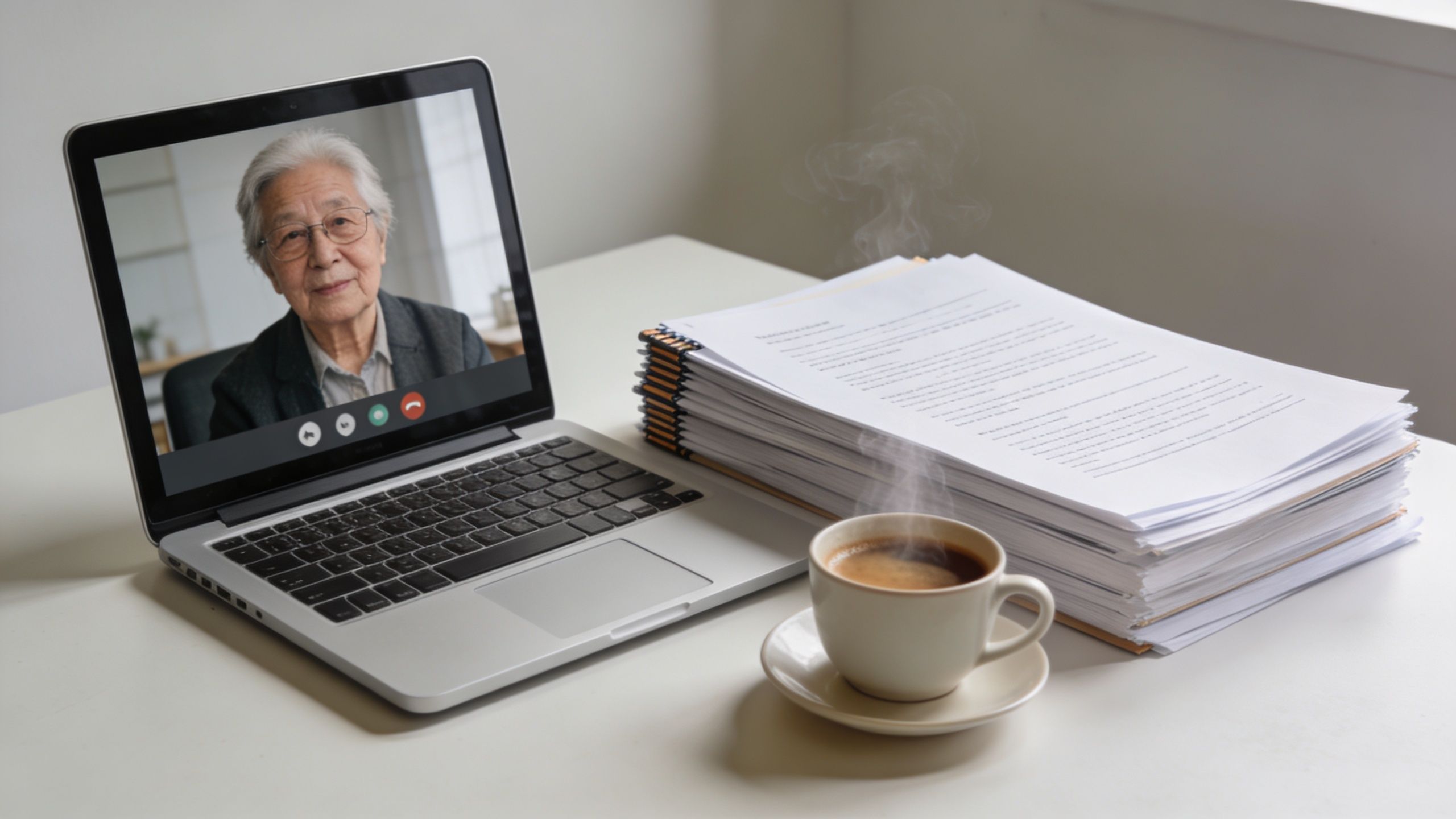 A professional video call with an elderly woman on a laptop screen next to documents and coffee.