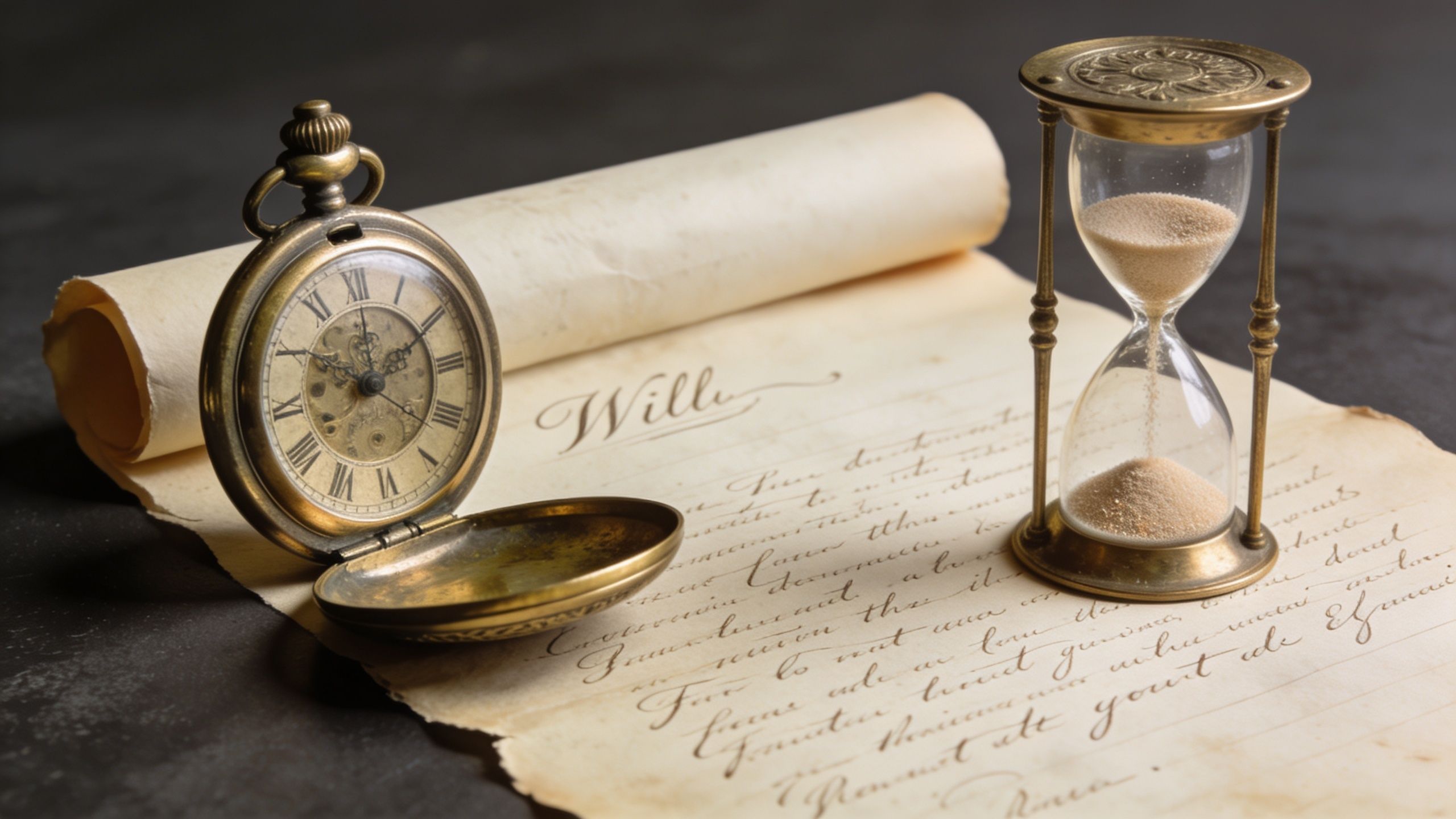 An antique pocket watch and an hourglass resting on an old parchment document titled Will.