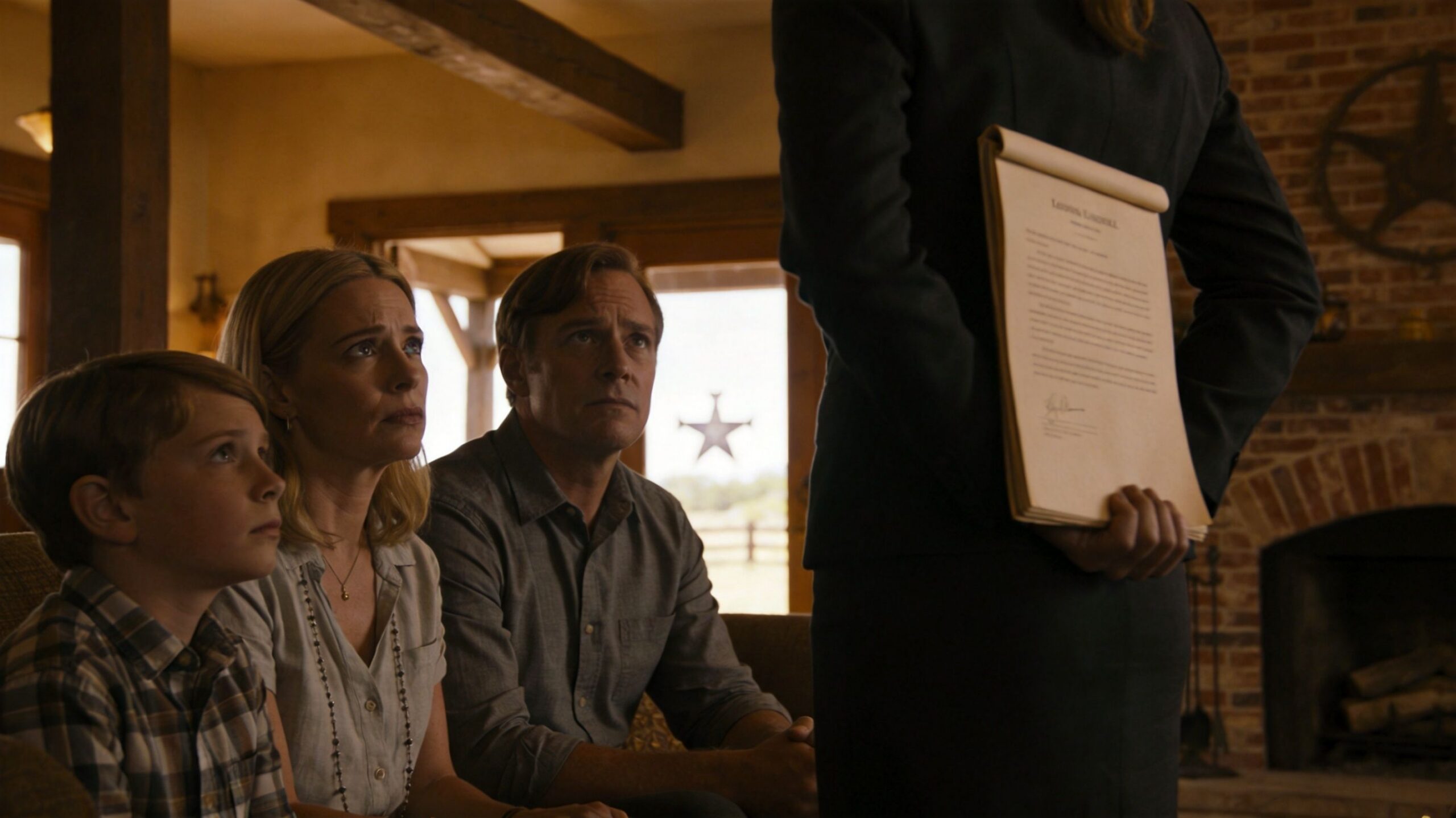 A family listens intently while a person in a suit holds a legal document behind their back.