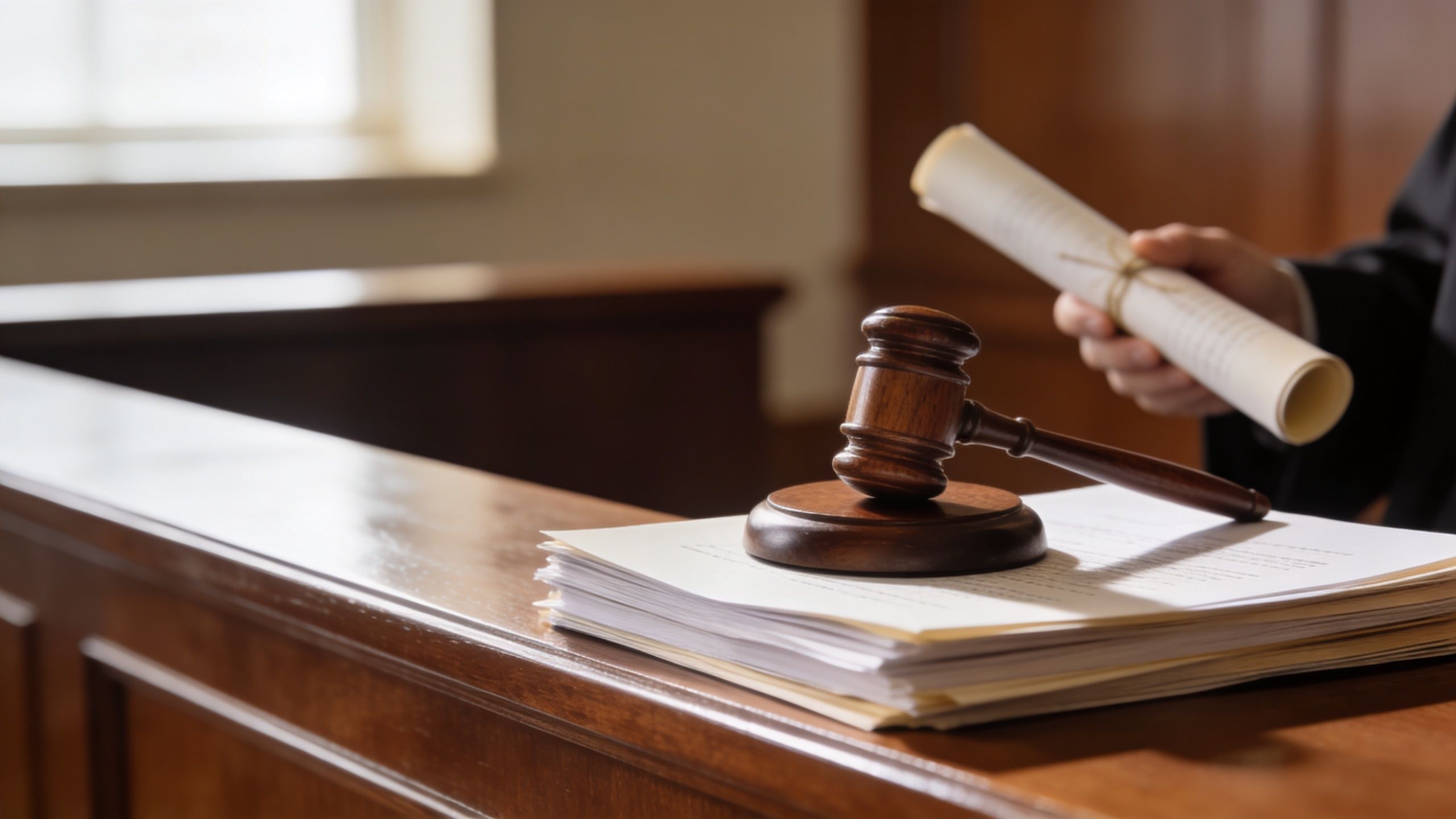 A wooden gavel placed on top of legal documents in a courtroom setting, symbolizing law and justice.