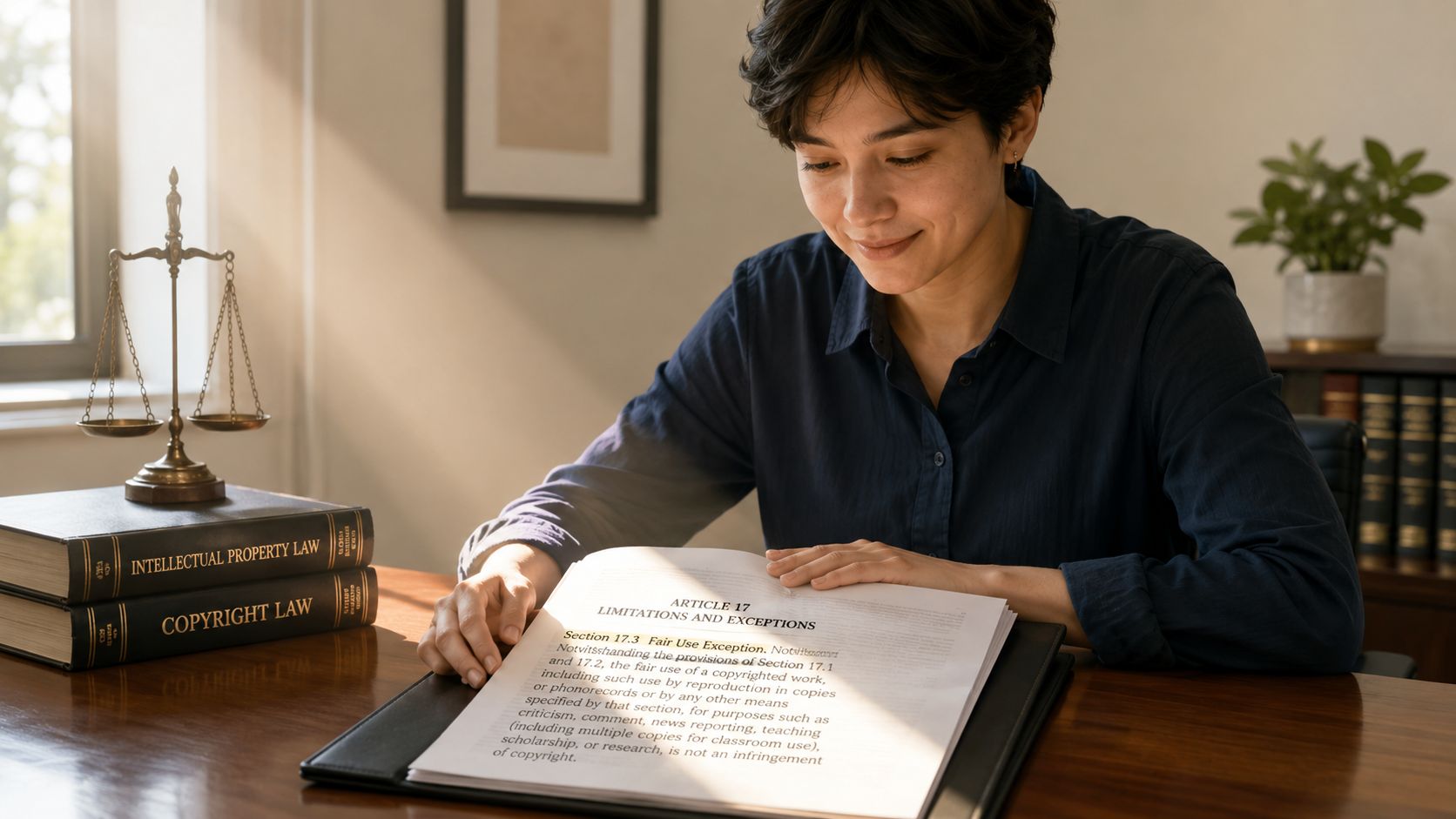 A professional woman reads a document about the Fair Use Exception at her desk with law books.
