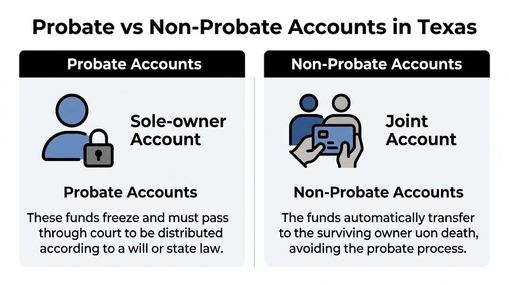A comparison chart showing the difference between sole-owner probate accounts and joint non-probate accounts in Texas.