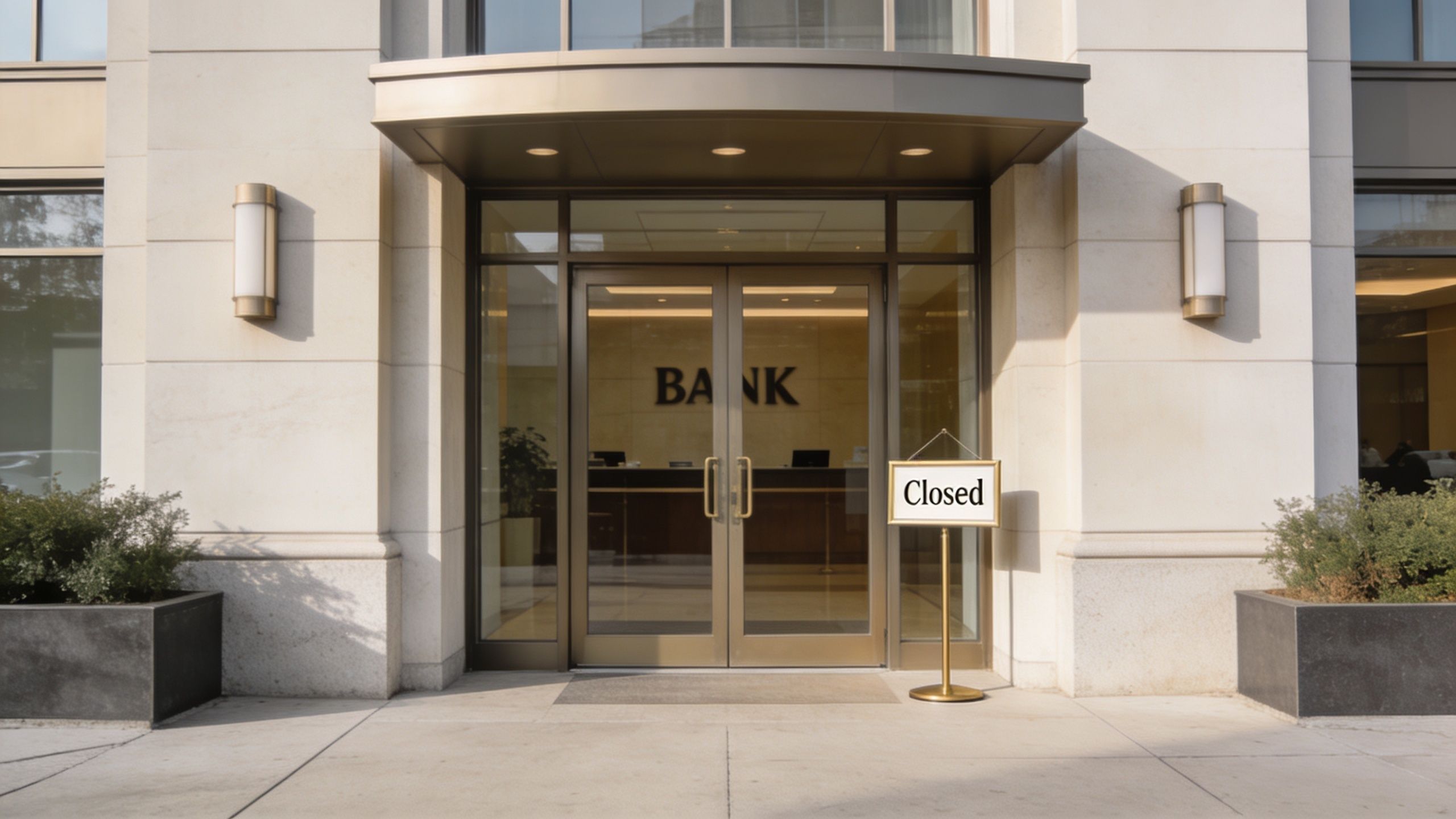 A modern bank building entrance with glass doors and a sign stating the bank is currently closed.